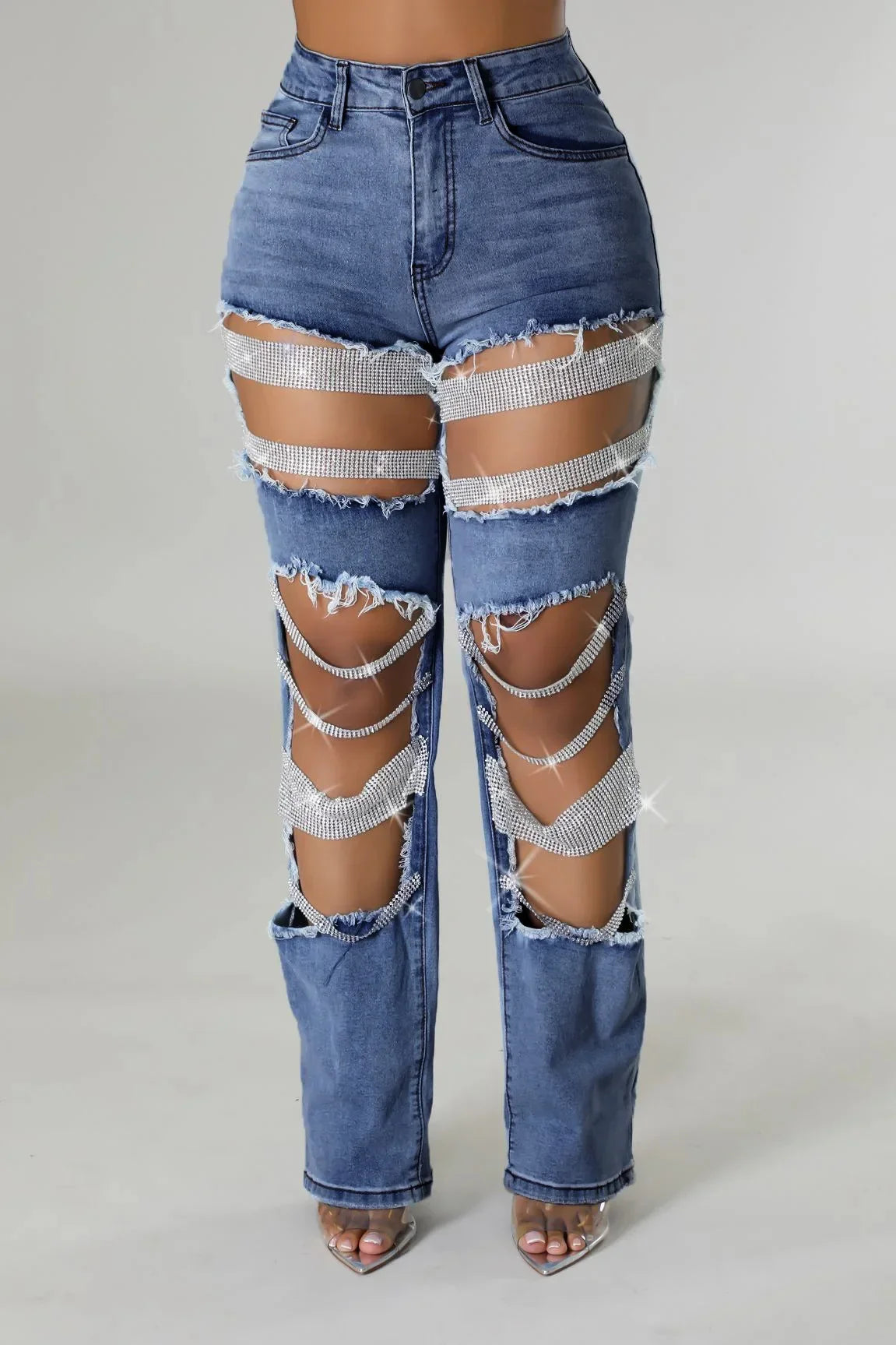 Women Fashion Pearl Beading Ripped Hollow Out Tassel Wide Leg Jeans 2024 New Summer INS Street Denim Pants Trousers color04