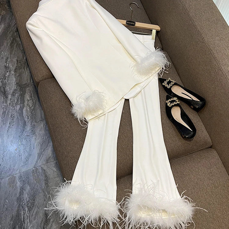 Feather Sleeve Pant Sets Blazer Pantsuits Two Pieces Set Spring Satin Collar Jacket Straight Pants Suits Outfits Women