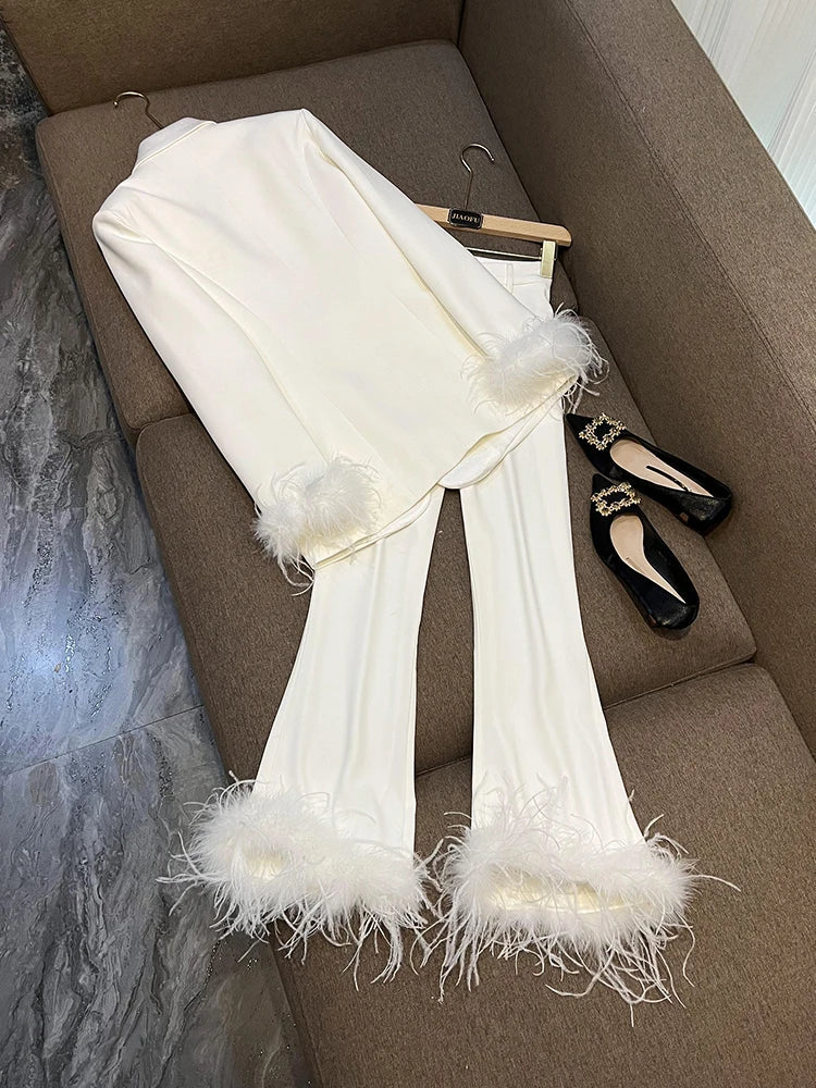 Feather Sleeve Pant Sets Blazer Pantsuits Two Pieces Set Spring Satin Collar Jacket Straight Pants Suits Outfits Women