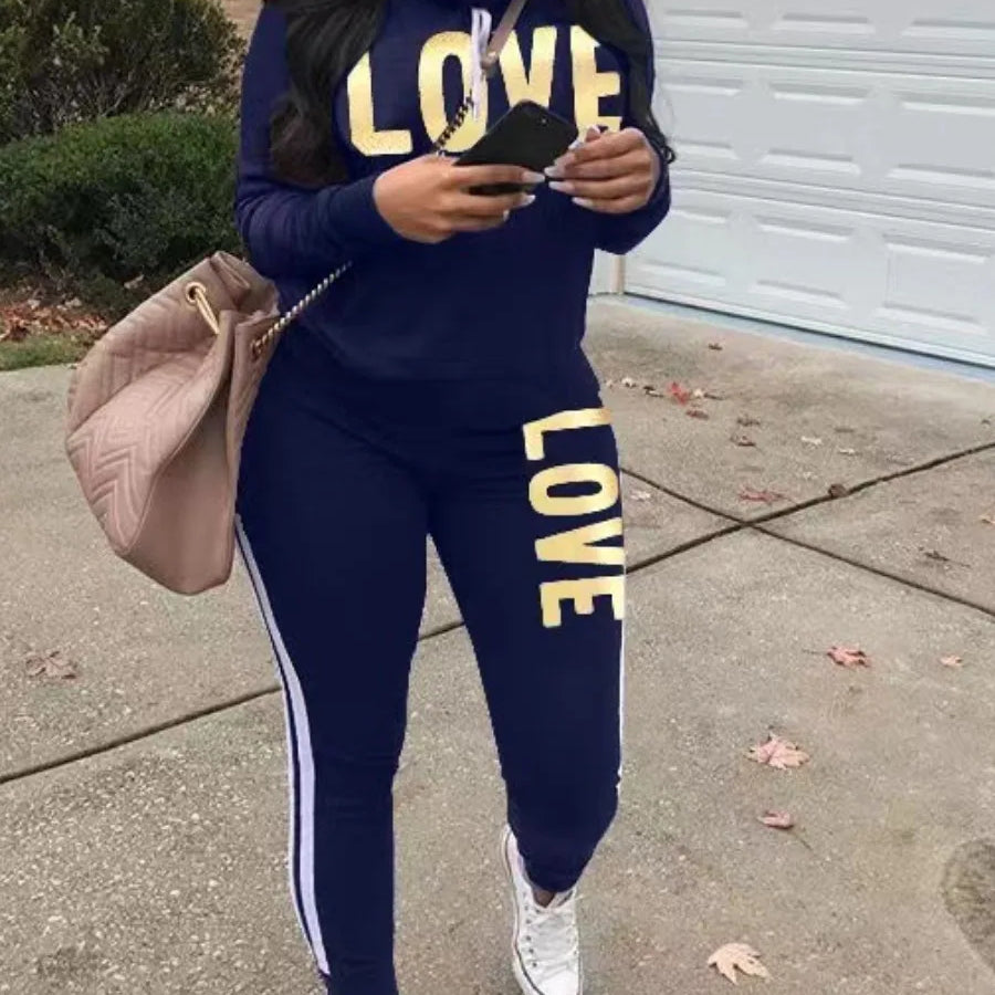 LW Plus Size Tracksuit Sets Drawstring Letter Striped Set Womens 2 Piece Sweatsuits Hoodie & Sweatpants Jogging Suits Outfits Navy Blue