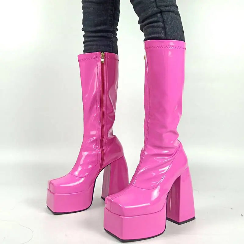 Elastic Microfiber Shoes Ankle Boots Autumn Snow Boots High Heel Thick Platform Mid-Calf Boots Red 1