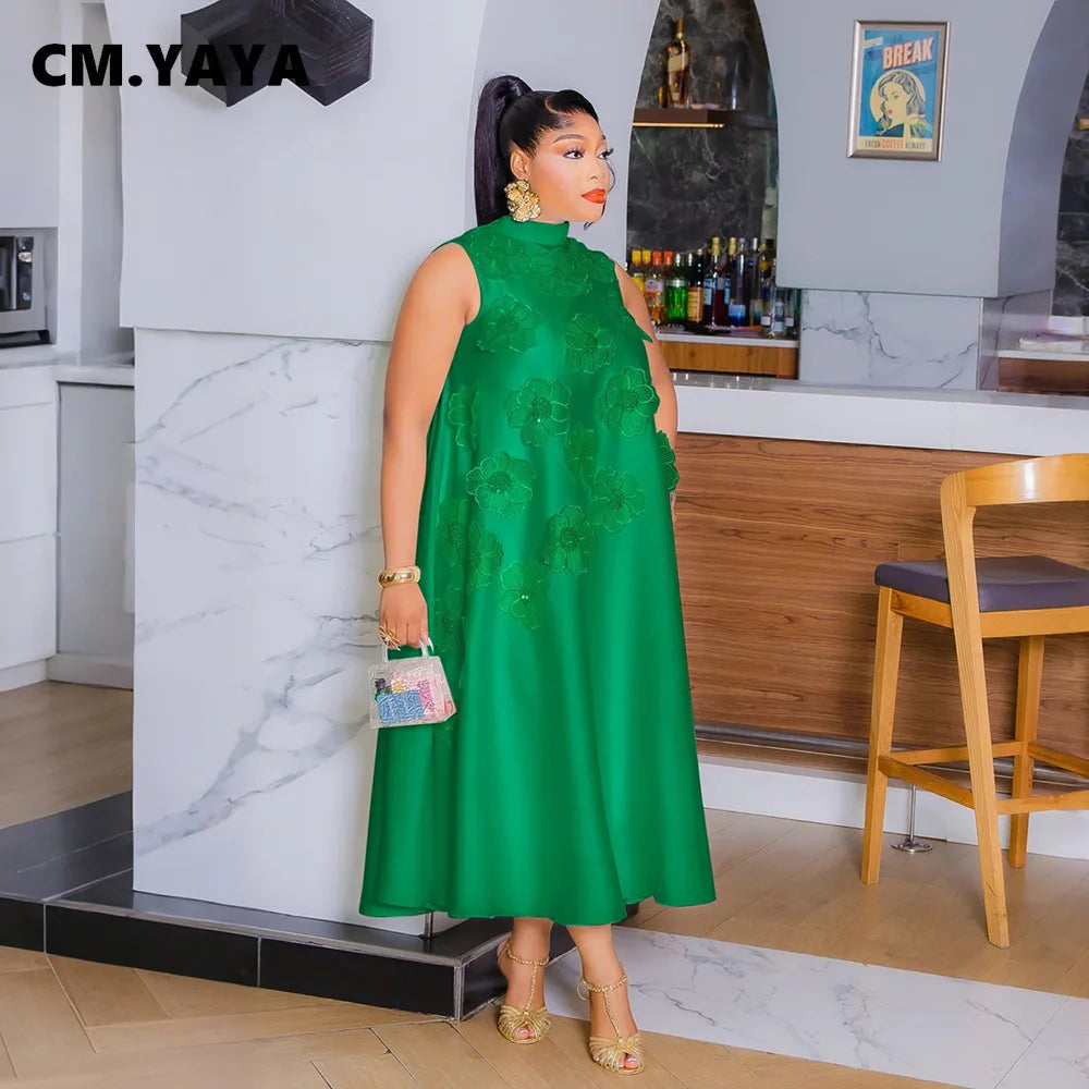 Elegant Women Sleeveless Loose 3D Flower O-neck Dress 2025 Summer Bodycon African Street Midi Maxi Long Dresses Vestidos