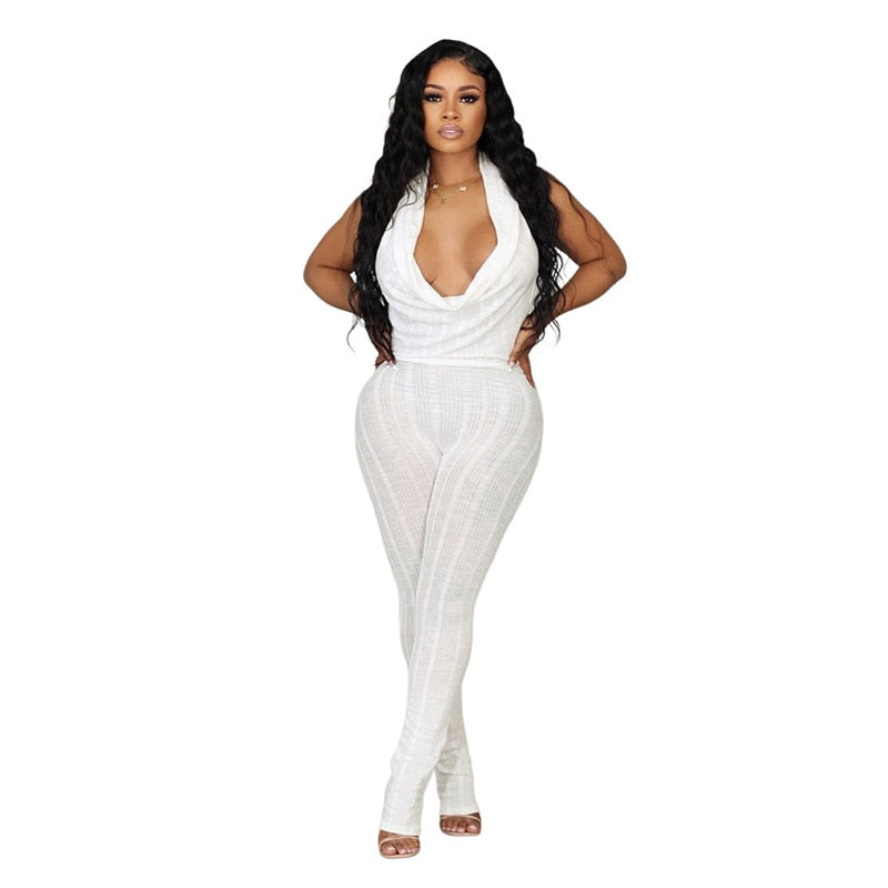 Sexy Low Collar Hanging Neck Sleeveless Slim Fit High Waist Jumpsuits Women Summer 2024 Casual Backless Solid Crumpled Overalls White