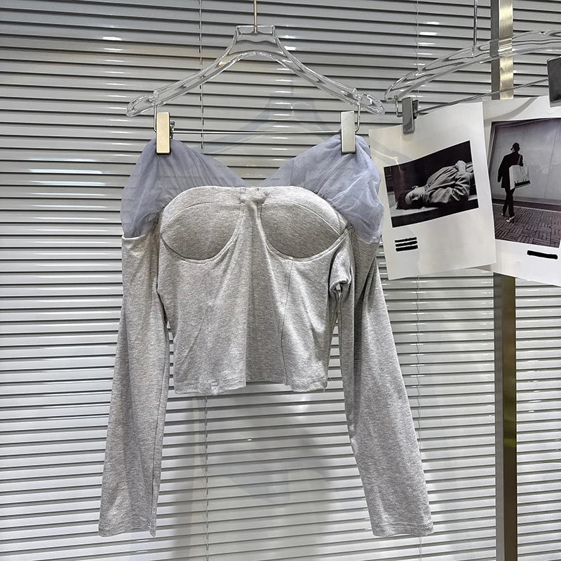 Winter New Fashion Sweet Mesh Patchwork Design Chest Pad Long Sleeve T-Shirt For Women Slim Fit Tops Female 11A07751