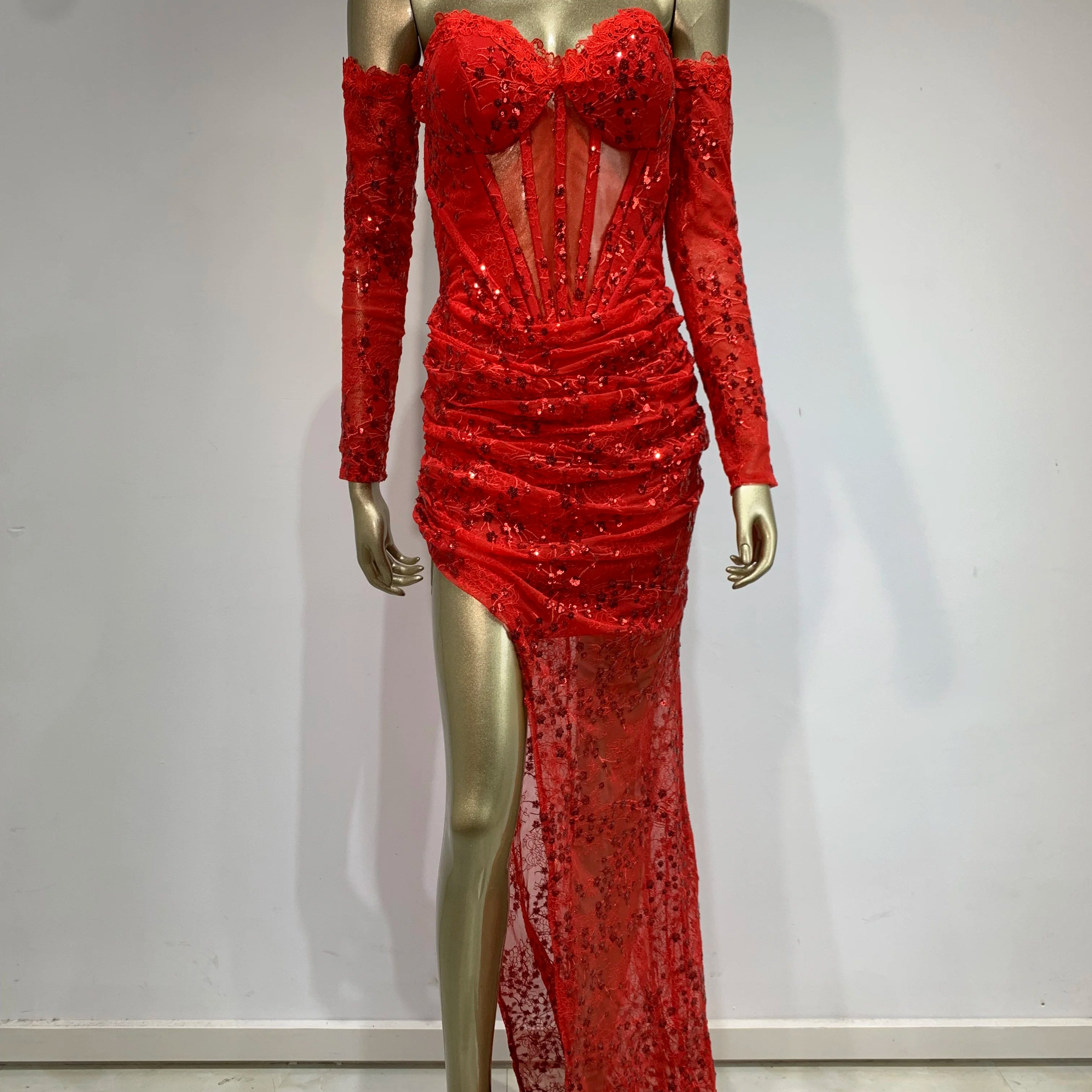 New Women Summer Sexy Off Shoulder Lace Sequins Red Maxi Long Bodycon Dress 2024 Elegant Evening Party Club Dress Vestido