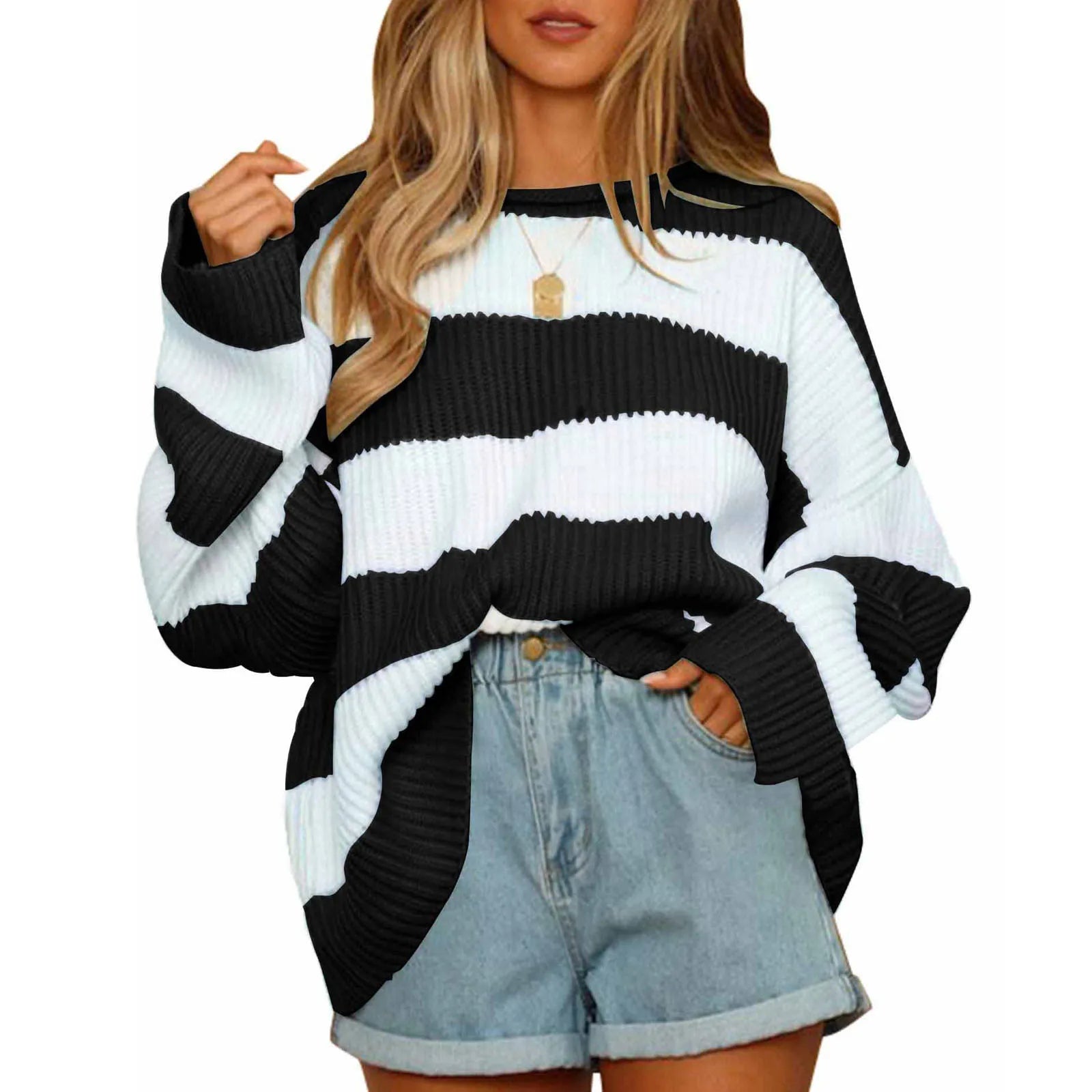 Women Stripe Print Cable Knit Round-Neck Long Sleeve Sweaters Fall Winter Loose Sweater Thick Cozy Chunky Knitwear black
