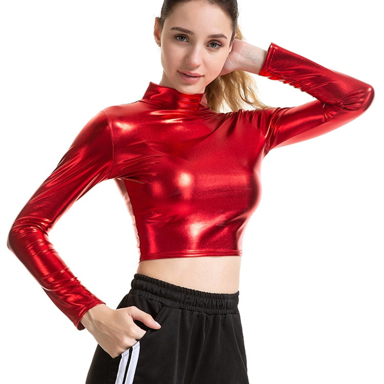 PU Short Top Women Shiny Leather Top High Street Turtleneck Dance Clubwear Long Sleeve Tops Gold Silver Costumes T shirt