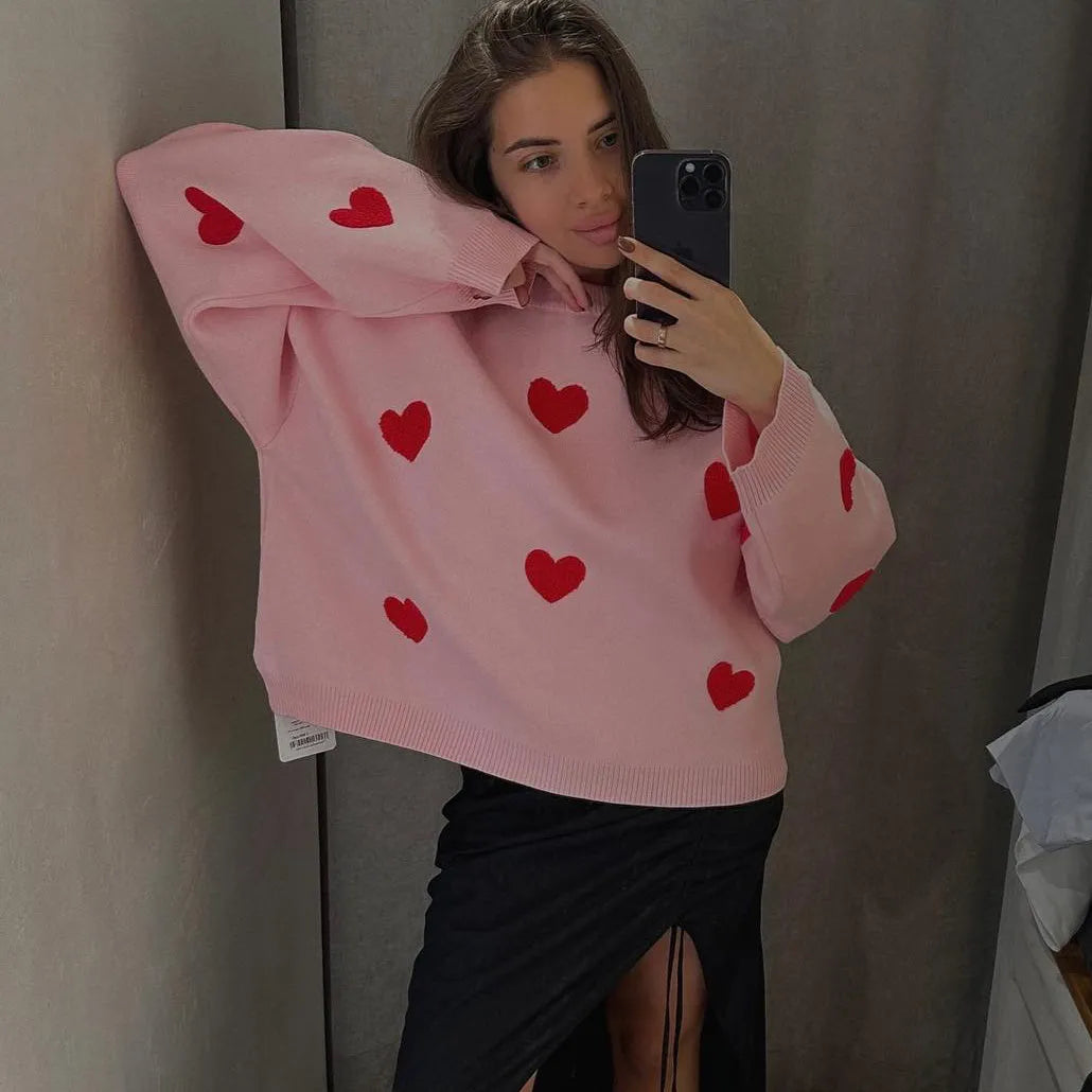 Women Embroidery Love Heart Knitted Sweaters Long Sleeve Vintage Y2K Casual Sweet O Neck Pullovers Winter Warm Sweater Tops Pink