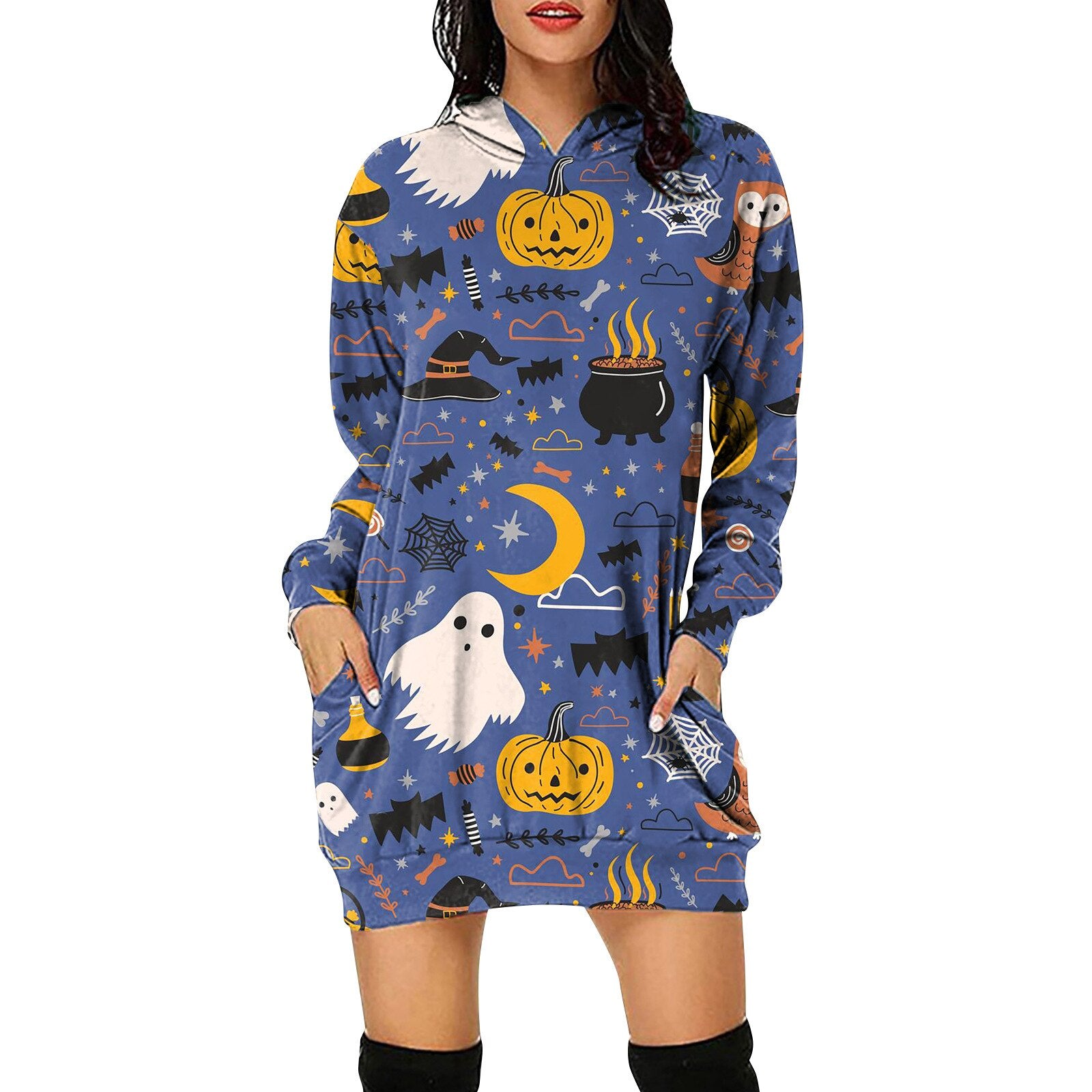 Women's Halloween Pumpkin Printed Sweater Hooded Long Sleeve Dress Sweatshirt Female Women Autumn Spring Casual Hoodies Clothes P05