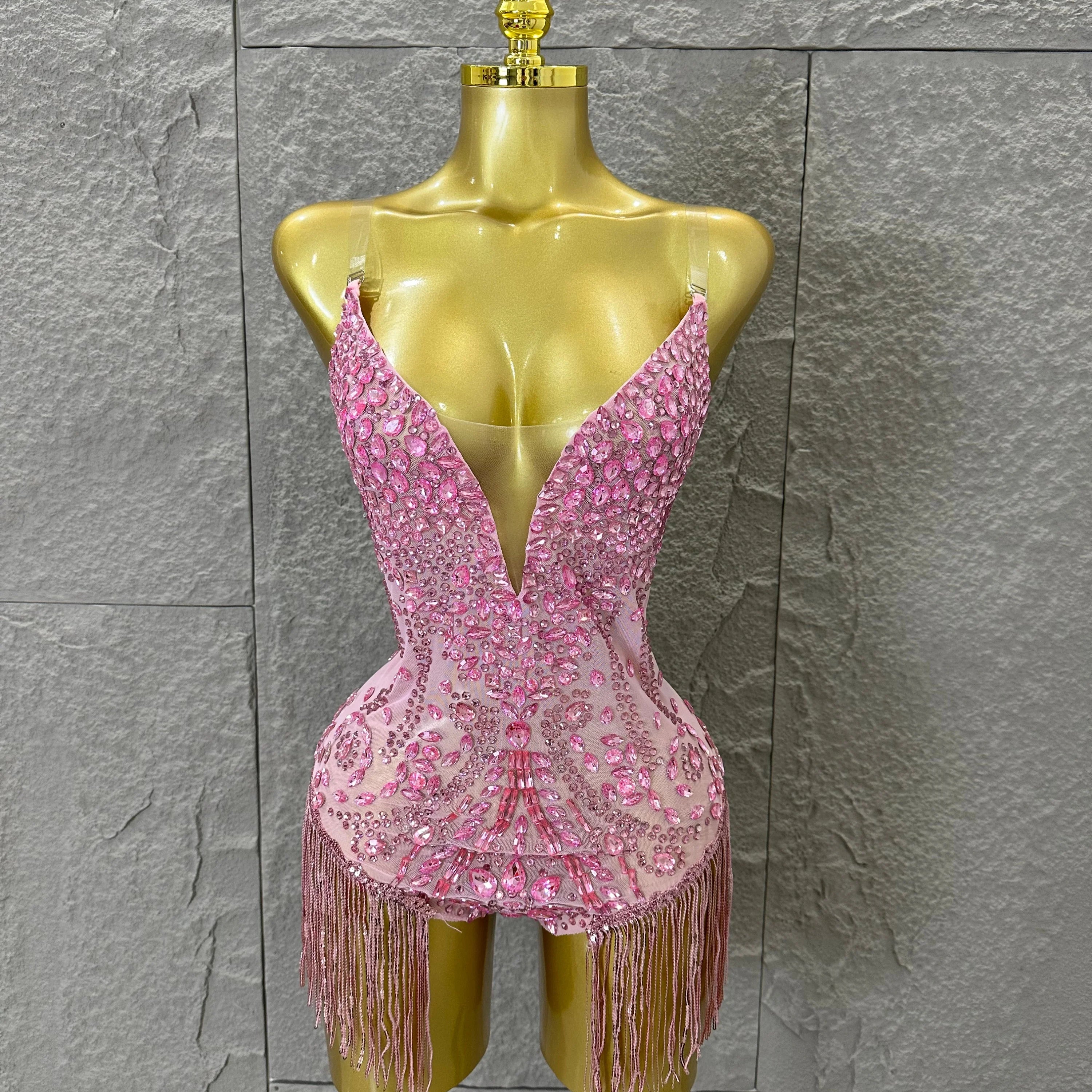 Pink Spaghetti Strap Bodysuit Women Sexy Deep V Neck Sheer Mesh Crystal Embellished Fringe Form-Fitting Formal Event Outfit Pink