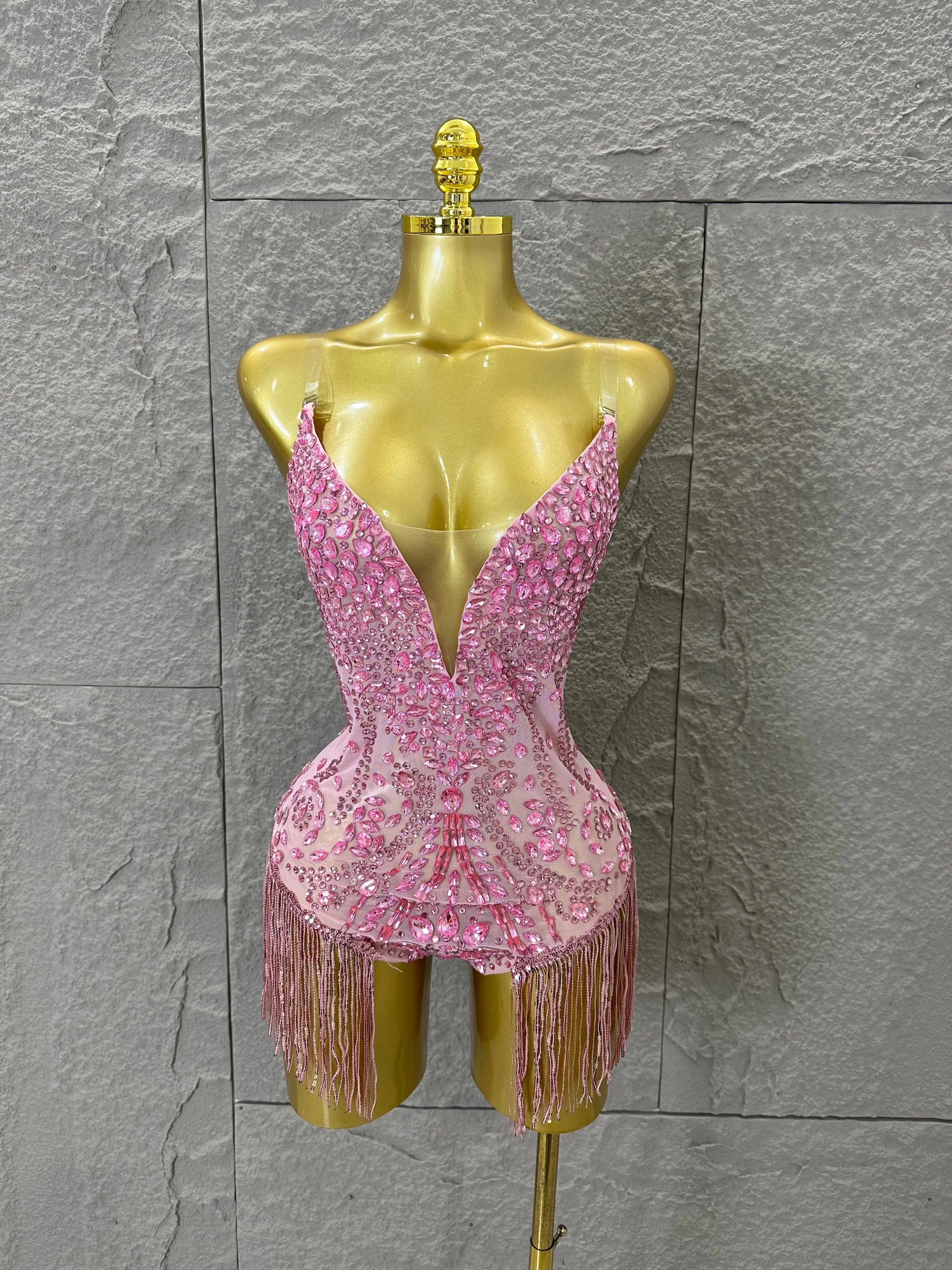 Pink Spaghetti Strap Bodysuit Women Sexy Deep V Neck Sheer Mesh Crystal Embellished Fringe Form-Fitting Formal Event Outfit Pink