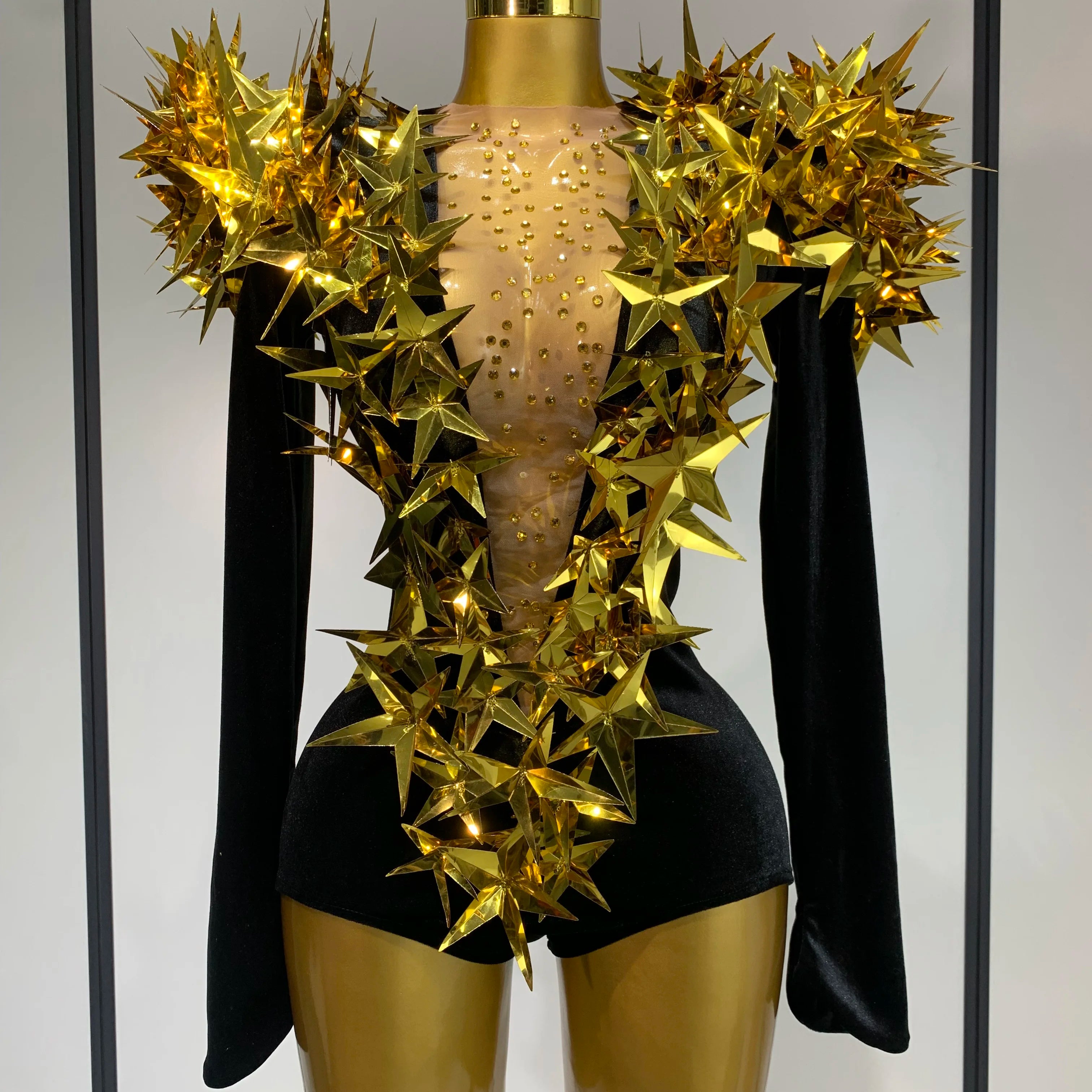 Women Sparkly Gold Rhinestone Black Velvet Long Sleeve Bodysuit Evening Party Club Gala Hosts Night Club Bar Stage Costumes Gold