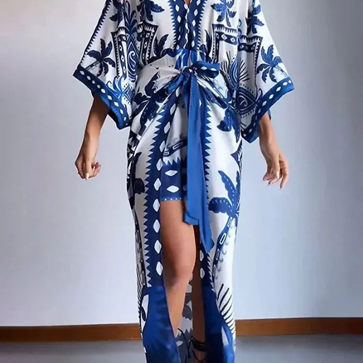 Vintage Bule Print Lace Up Midi Dress Women V Neck Half Sleeve High Waist Vestidos Spring Summer Casual Beach Robes Female