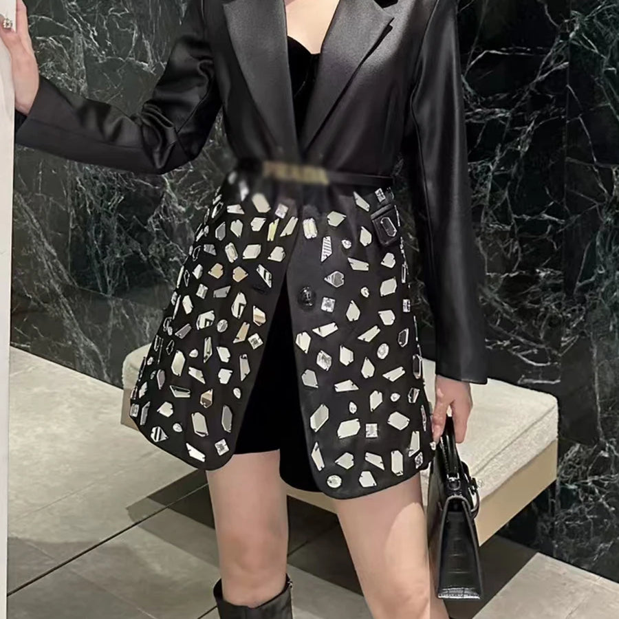 Spliced Diamonds Luxurious Jackets for Women Lapel Long Sleeves Patchwork Single Breasted Fashion Jacket Female New