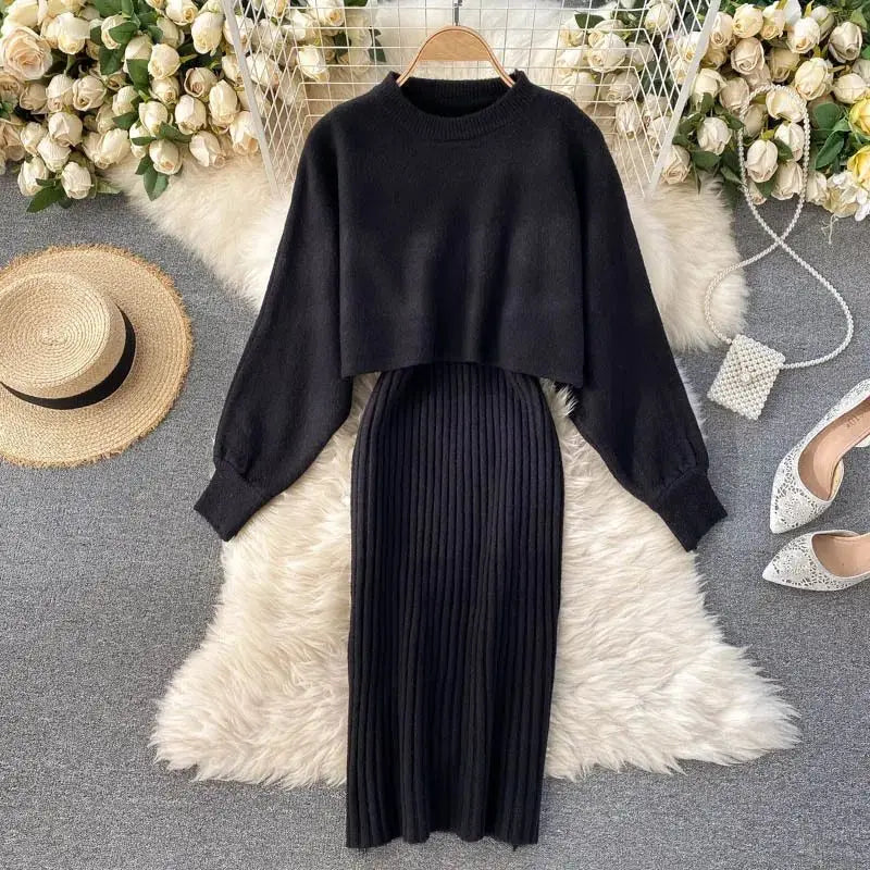 Women Sweater Midi Dress Set Casual Pullovers Suits Autumn Winter O-neck Long Sleeve Knitted Solid Slim Elegance Tops Elastic Black