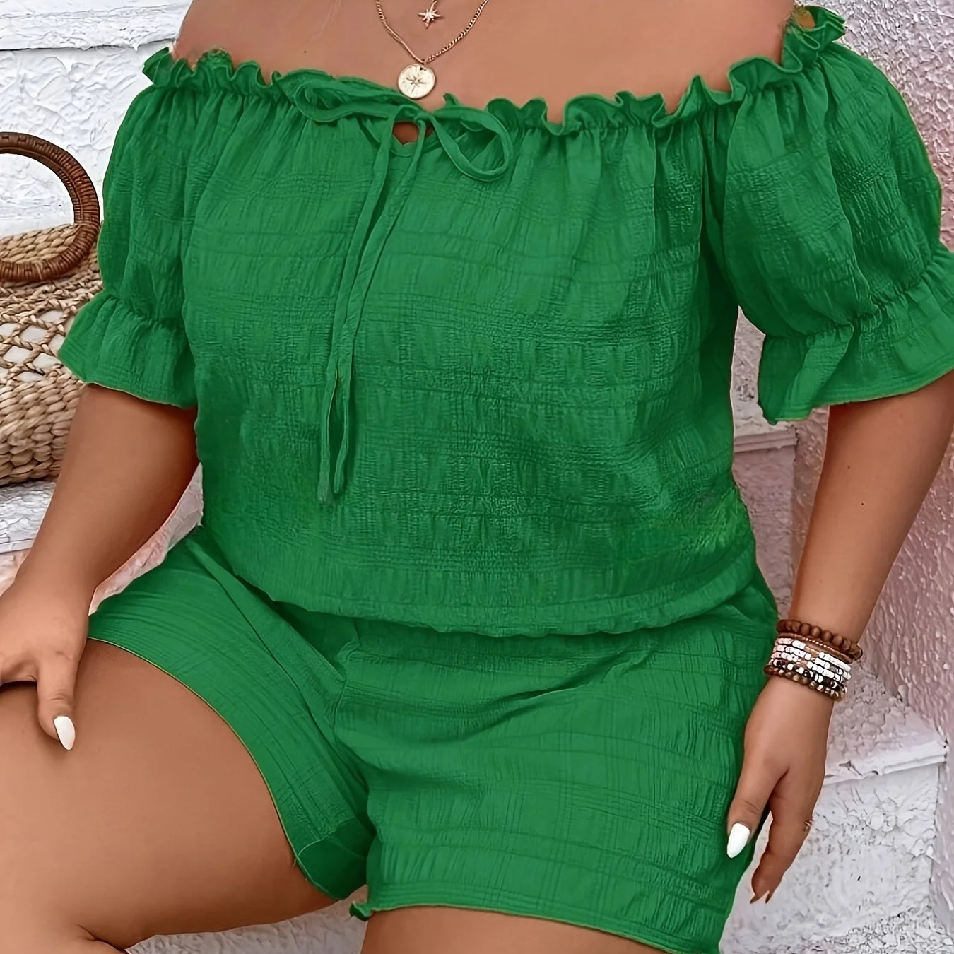 Plus Size Summer Women's Elegant Off Shoulder Shirt Short Pants 2 Piece Set Casual Vacation Solid Clothing Female green