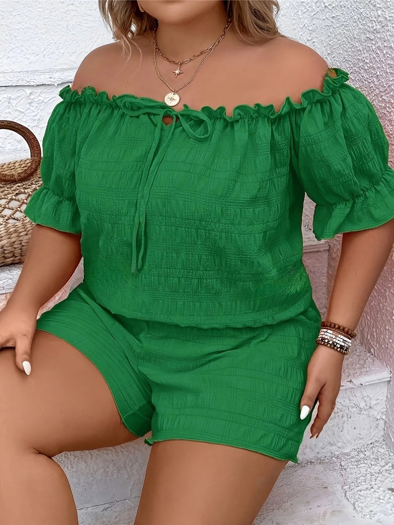Plus Size Summer Women's Elegant Off Shoulder Shirt Short Pants 2 Piece Set Casual Vacation Solid Clothing Female green