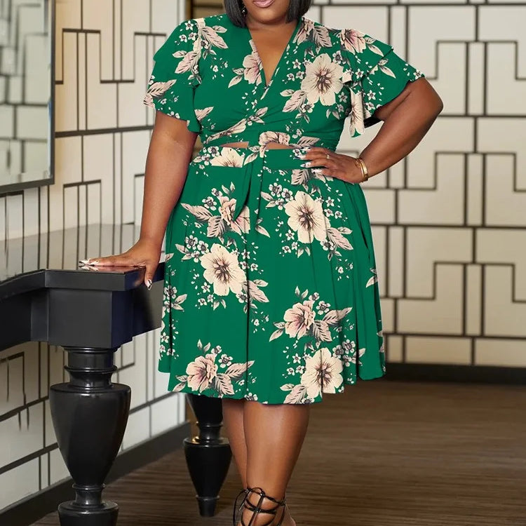 Wmstar Plus Size Shorts Sets Casual V Neck Crop Top and Short Skirts Two Piece Women Matching Outfits Wholesale Dropshipping green