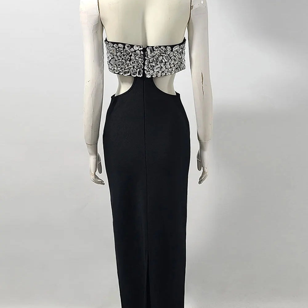 2025 Sexy Women's Light Luxury Nail Bead Design Bandage Dress Hanging Neck Sleeveless Waist Design Bodycon Long Dress Vestitos