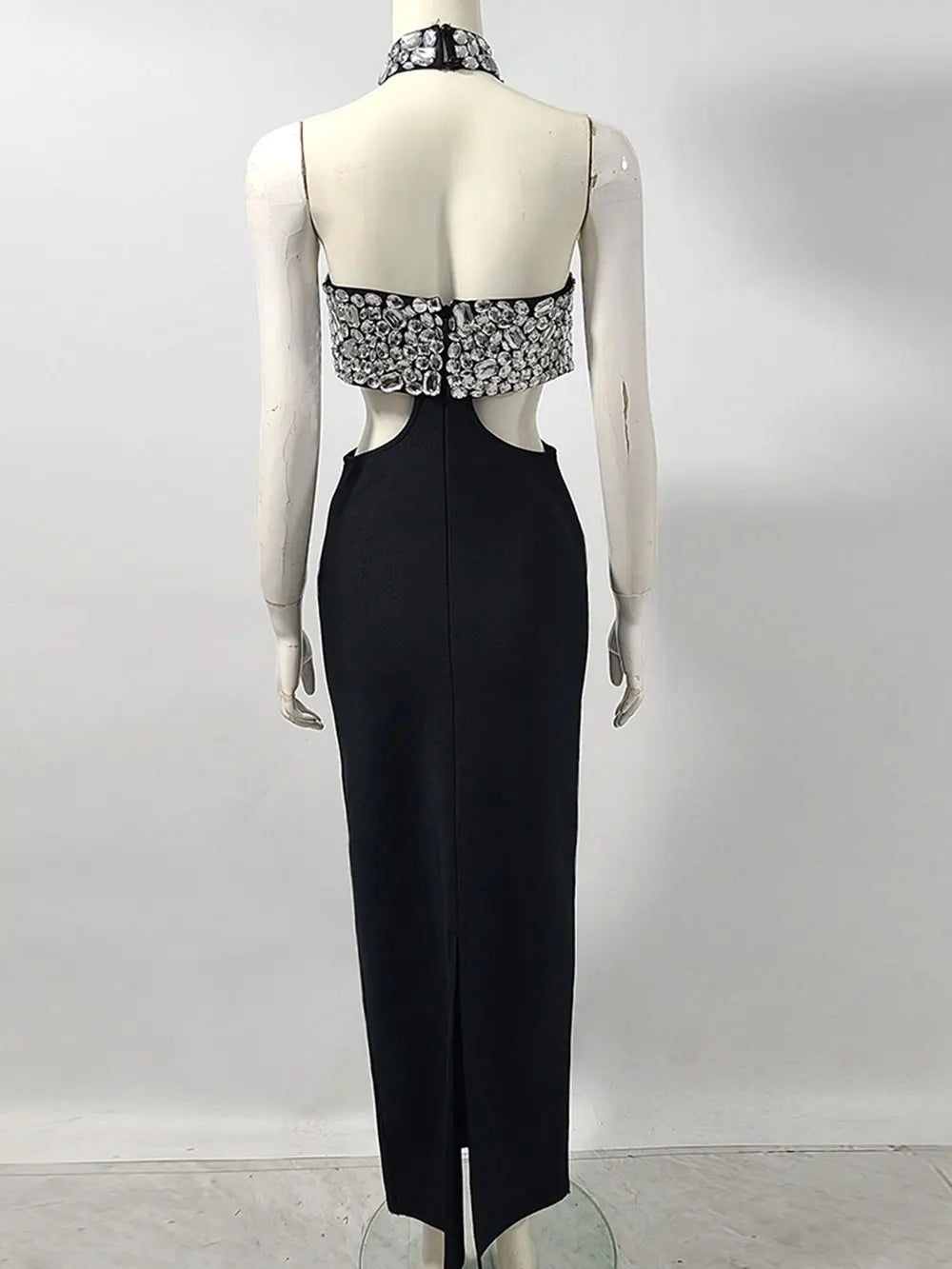 2025 Sexy Women's Light Luxury Nail Bead Design Bandage Dress Hanging Neck Sleeveless Waist Design Bodycon Long Dress Vestitos