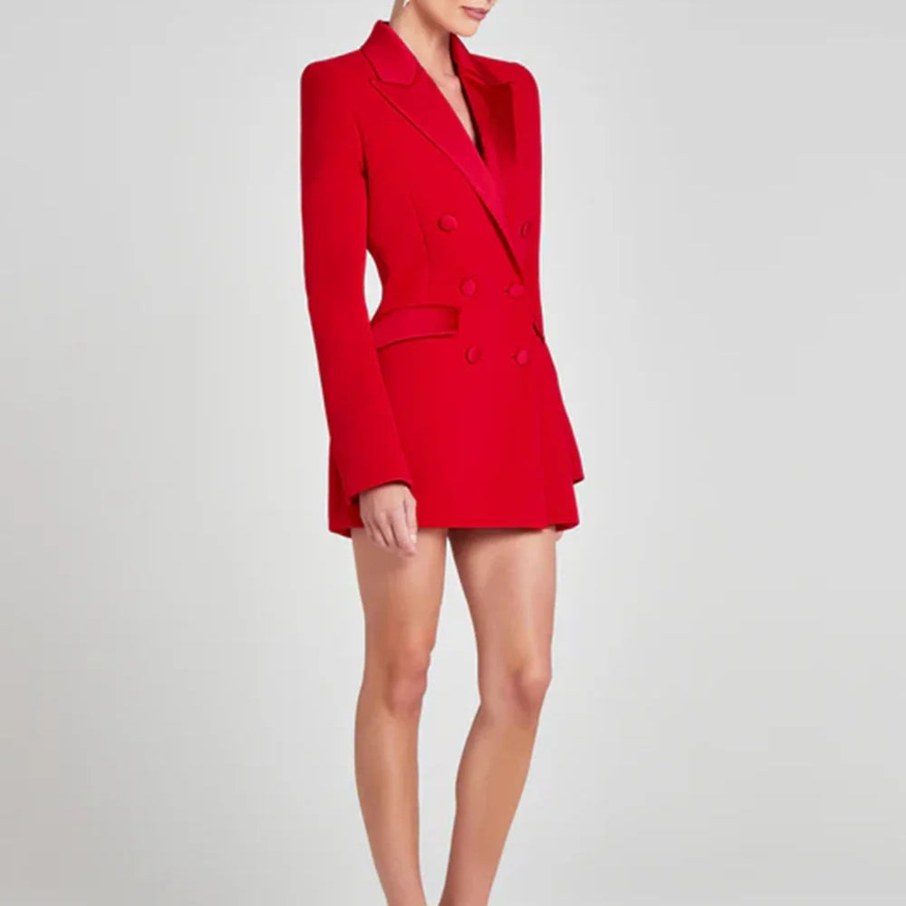 Modphy Women Fashion Double Breasted Red Blazer Coat Notched Neck Long Sleeves Female Outerwear Chic Lady Outfits