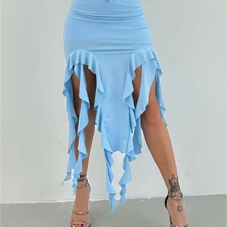 Tossy Tassel Summer Female Long Skirt Ruffled High Waist Broken High Split Fashion Pleated Sexy Solid Patchwork Maxi Skirt 2023 Blue