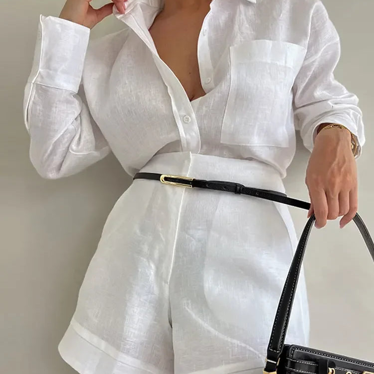 Pockets Button Shorts 2 Piece Set For Women Casual Lapel Single Breasted Long Sleeve Suits Fashion Chic Female Commute Outfits