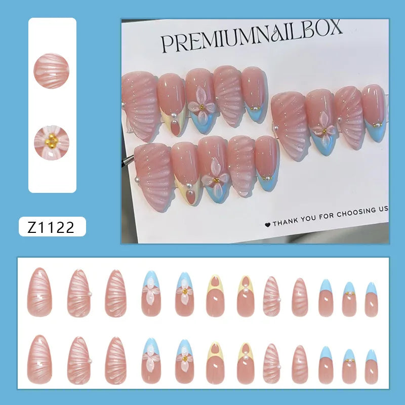 24pcs Pink Flower Press on Nails Ins Sweet Petals Print False Nails for Girl Wearable Reusable Fashion Almond Fake Nail Tips 3