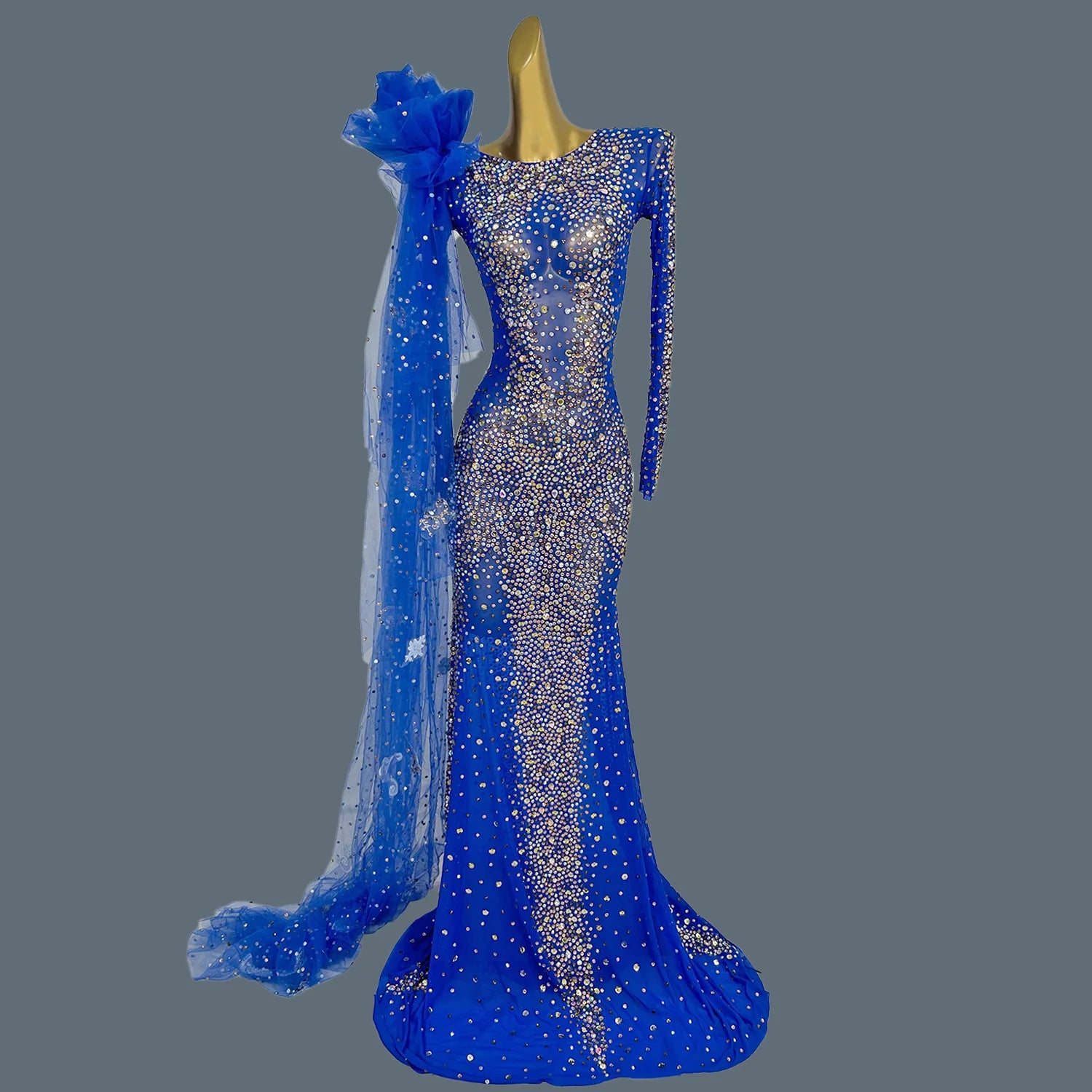 Sparkly Crystals Luxury Sheer Mesh Evening Gown Sexy Women Gauze Long Dress Birthday Wedding Prom Party High-end Outfit Shacha Blue