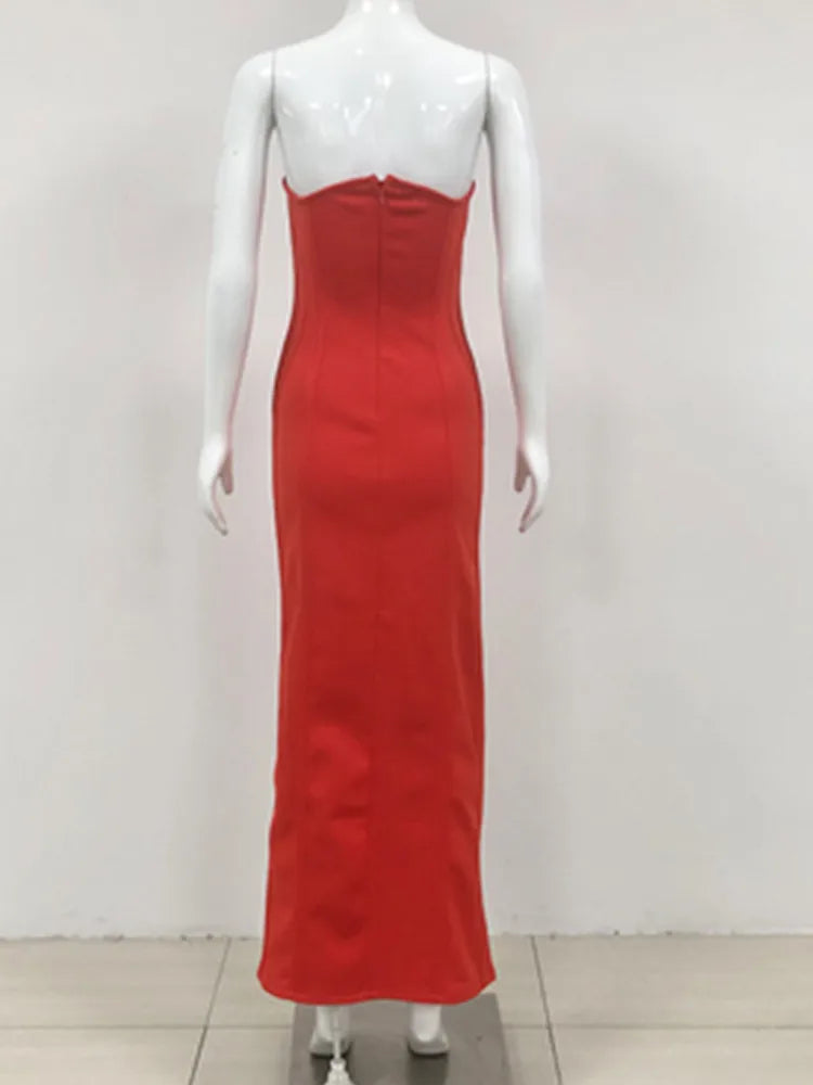 Women Sexy Strapless Backless Cut Out Red Maxi Long Bodycon Bandage Dress 2024 Elegant Evening Club Party Dress