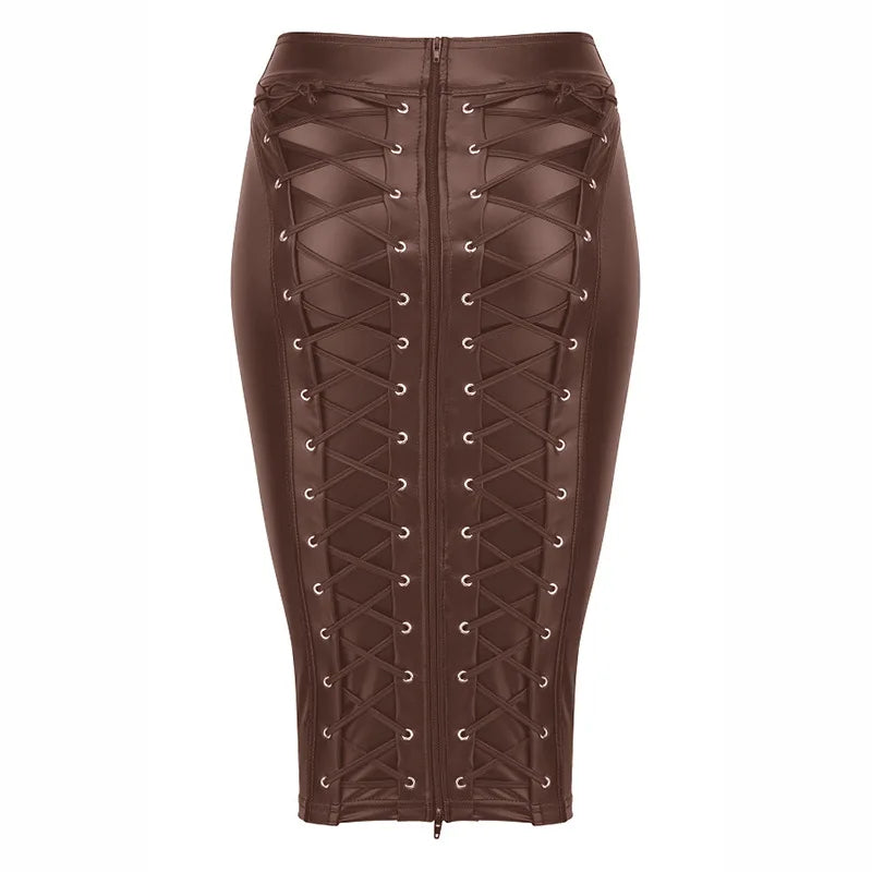 Womens Knee Length Stretch PU Leather Skirt Saia De Couro Jupe Latexwith Ties In Back 2023 Lace Up Zipper BandageLeather Skirts Brown