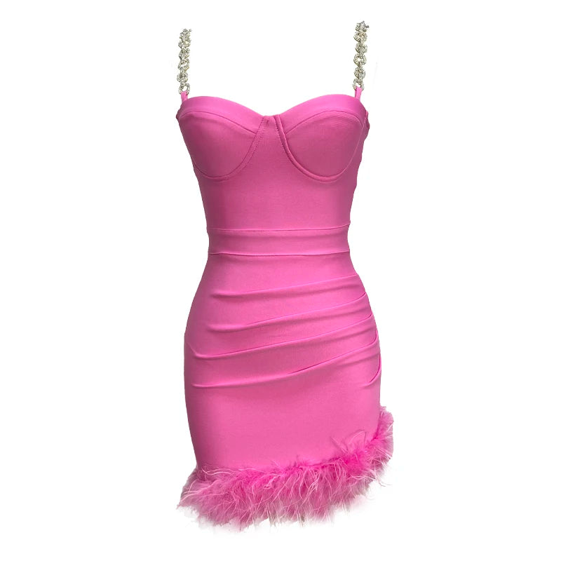 Dazzling Diamonds Chain Spaghetti Strap Gorgeous Feathers Mini Dress Fashion's Sexy Woman Evening Dress Birthday Party Outfit