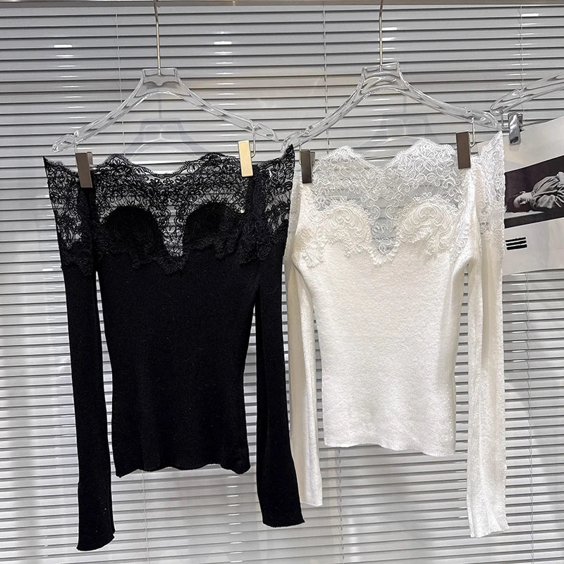 Winter New Fashion Lace Collar Off-Shoulder Knitted Sweater For Women Versatile Slim Fit Pullover Female 11A07773