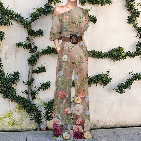 Print Jumpsuit Women Autumn and Spring 2024 New Fashion Long Sleeve Lapel Loose Casual Elegance Green Jumpsuits Print 4 (No Belt)