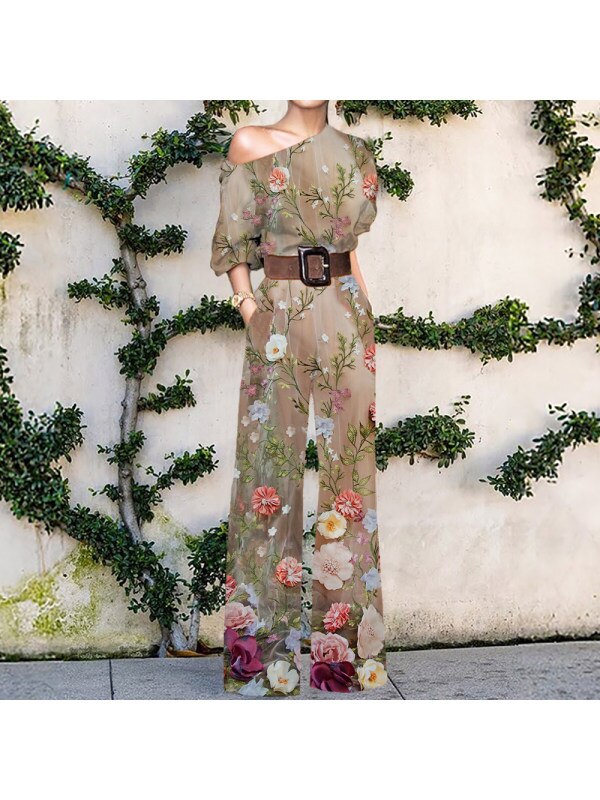 Print Jumpsuit Women Autumn and Spring 2024 New Fashion Long Sleeve Lapel Loose Casual Elegance Green Jumpsuits Print 4 (No Belt)