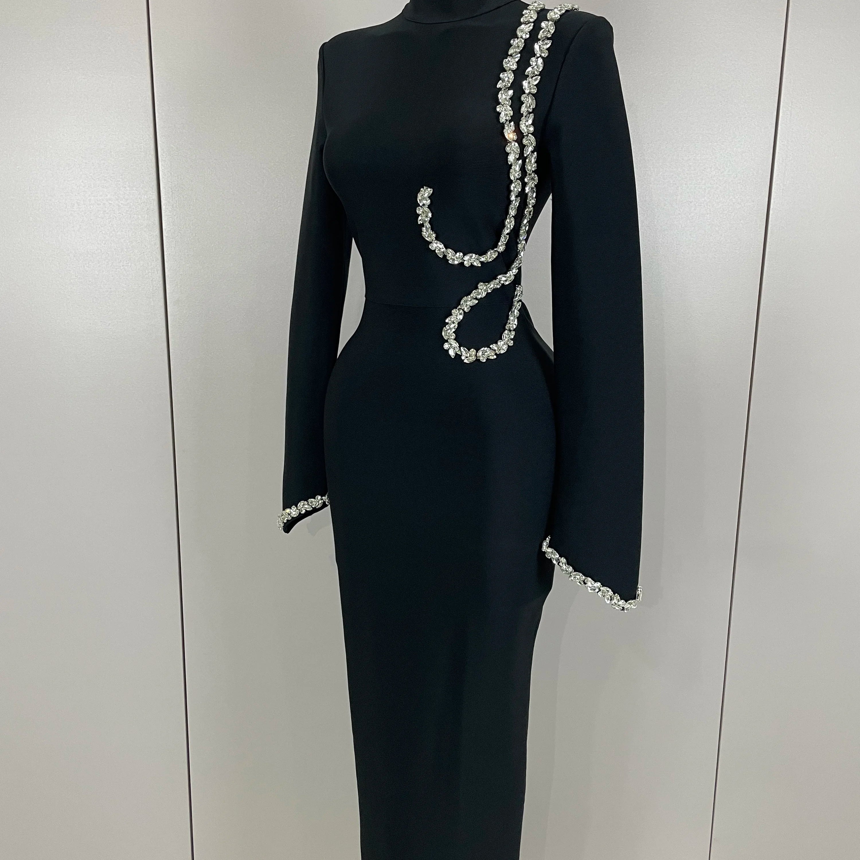 Sexy Long Sleeve Diamonds Maxi Long Bodycon Bandage Dress 2025 Women Celebrity Elegant Evening Party Luxury Birthday Dresses