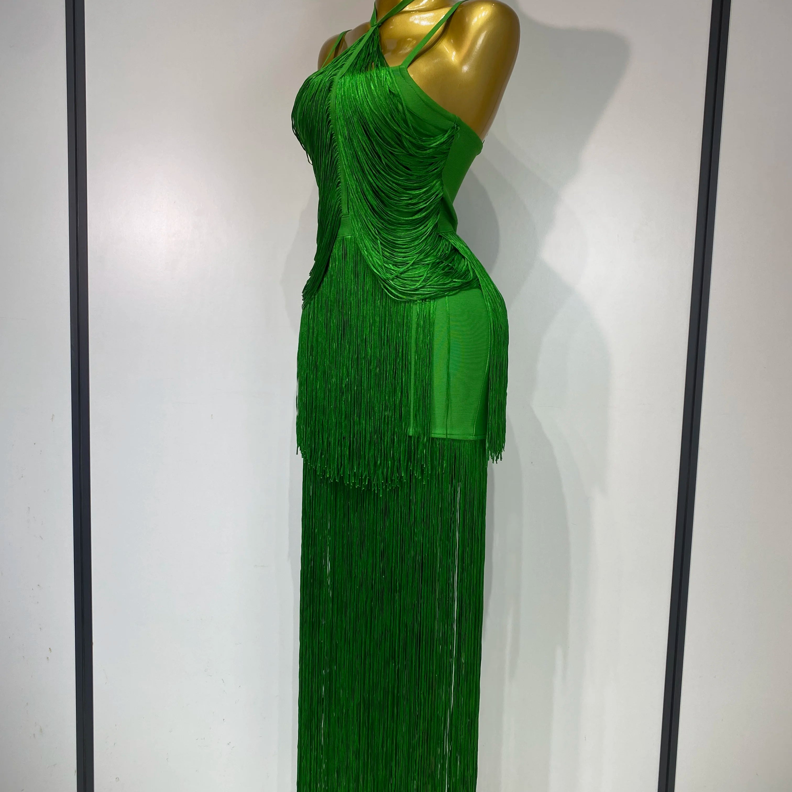 Women Sexy Backless Tassel Green Ankle Bodycon Bandage Dress 2025 Celebrity Elegant Evening Club Luxury Birthday Party Outfit ﻿