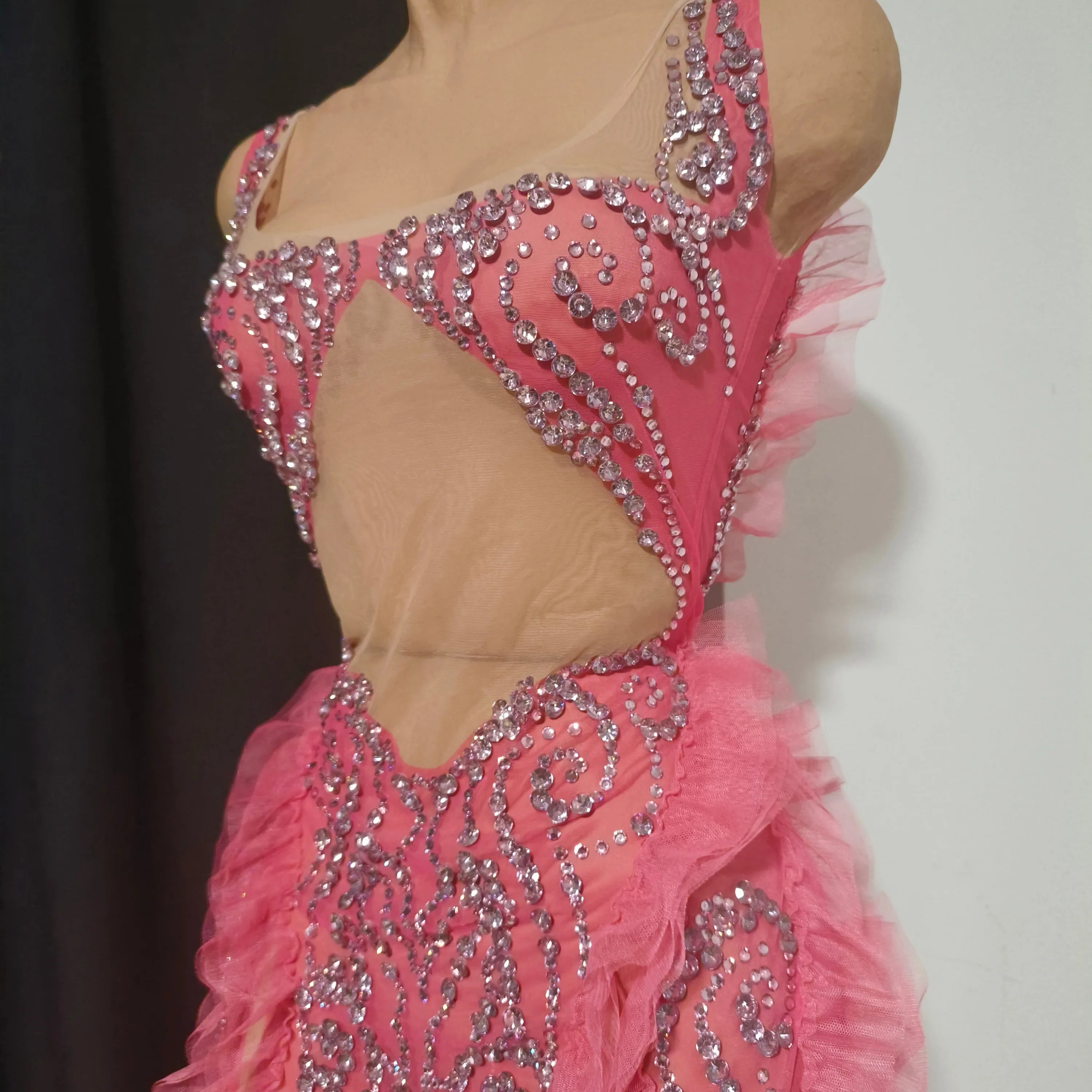 Women Sheer Mesh Rhinestone Ruffle Embellished Latin Dance Performance Costume Elegant Pink Spaghetti Strap Mini Dress