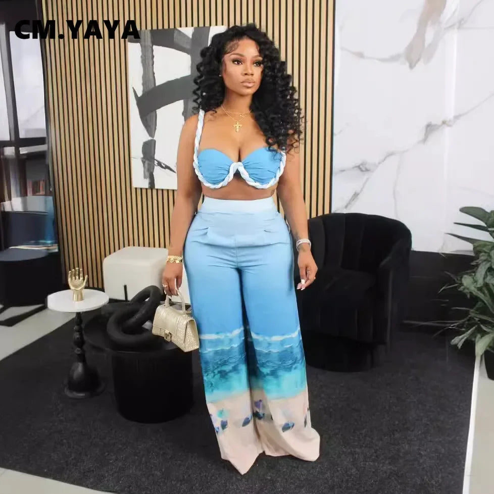 Summer Women's Set Beach Print Sleeveless Strapless Tops +Wide Leg Pants Suits Street Two 2 Piece Sets Bohemian Outfits