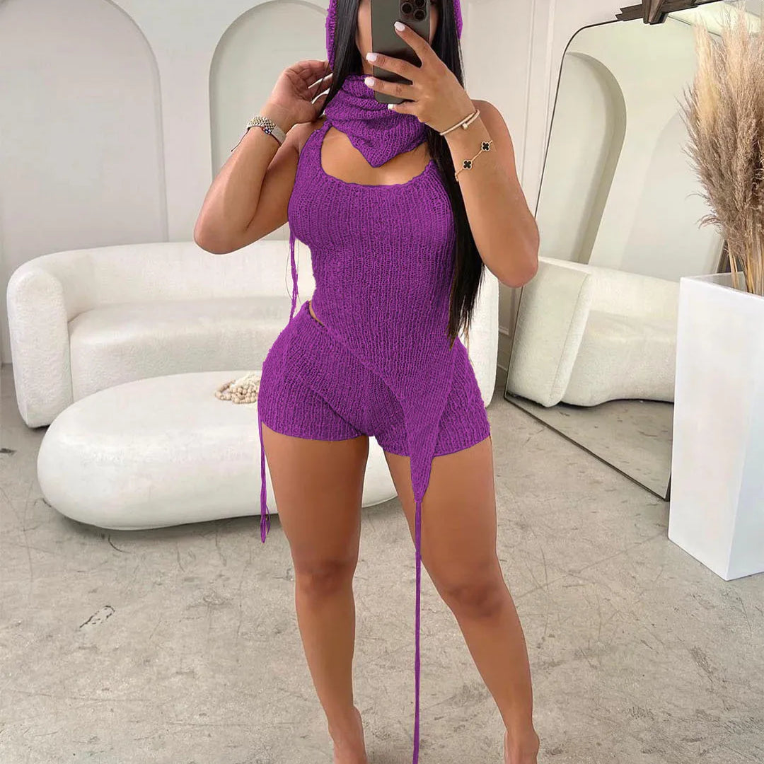 Knit Ribbed Women's Set Halter Neck Backless Crop Top with Hat Shorts Suit 2023 Summer Two 2 Piece Set Outfit Tracksuit PURPLE