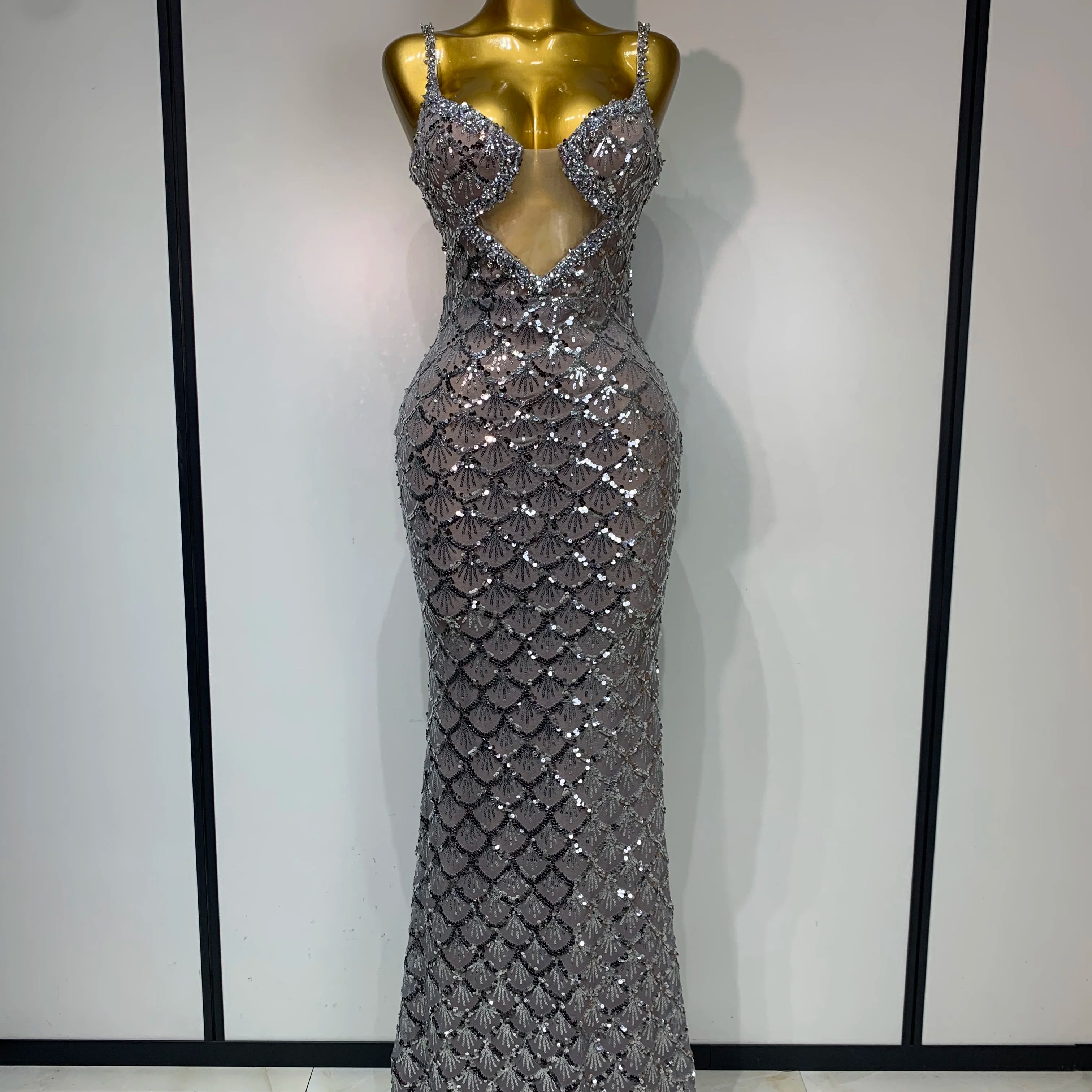 Sparkly Sequined Sleeveless Strap Women Dress V-Neck Evening Sexy Bodycon Party Club Luxurry Birthday Wedding Long Maxi Dresses GRAY