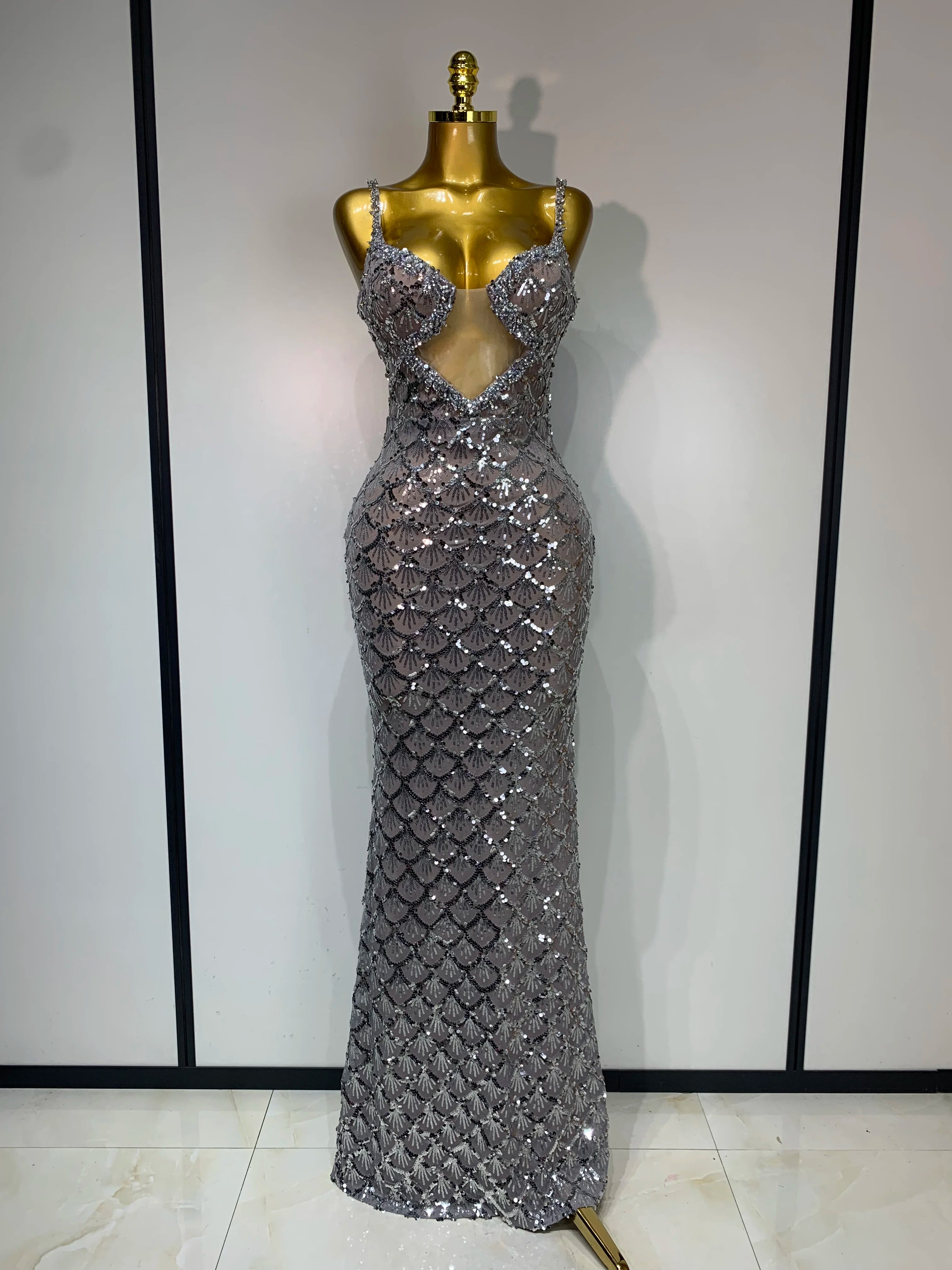 Sparkly Sequined Sleeveless Strap Women Dress V-Neck Evening Sexy Bodycon Party Club Luxurry Birthday Wedding Long Maxi Dresses GRAY