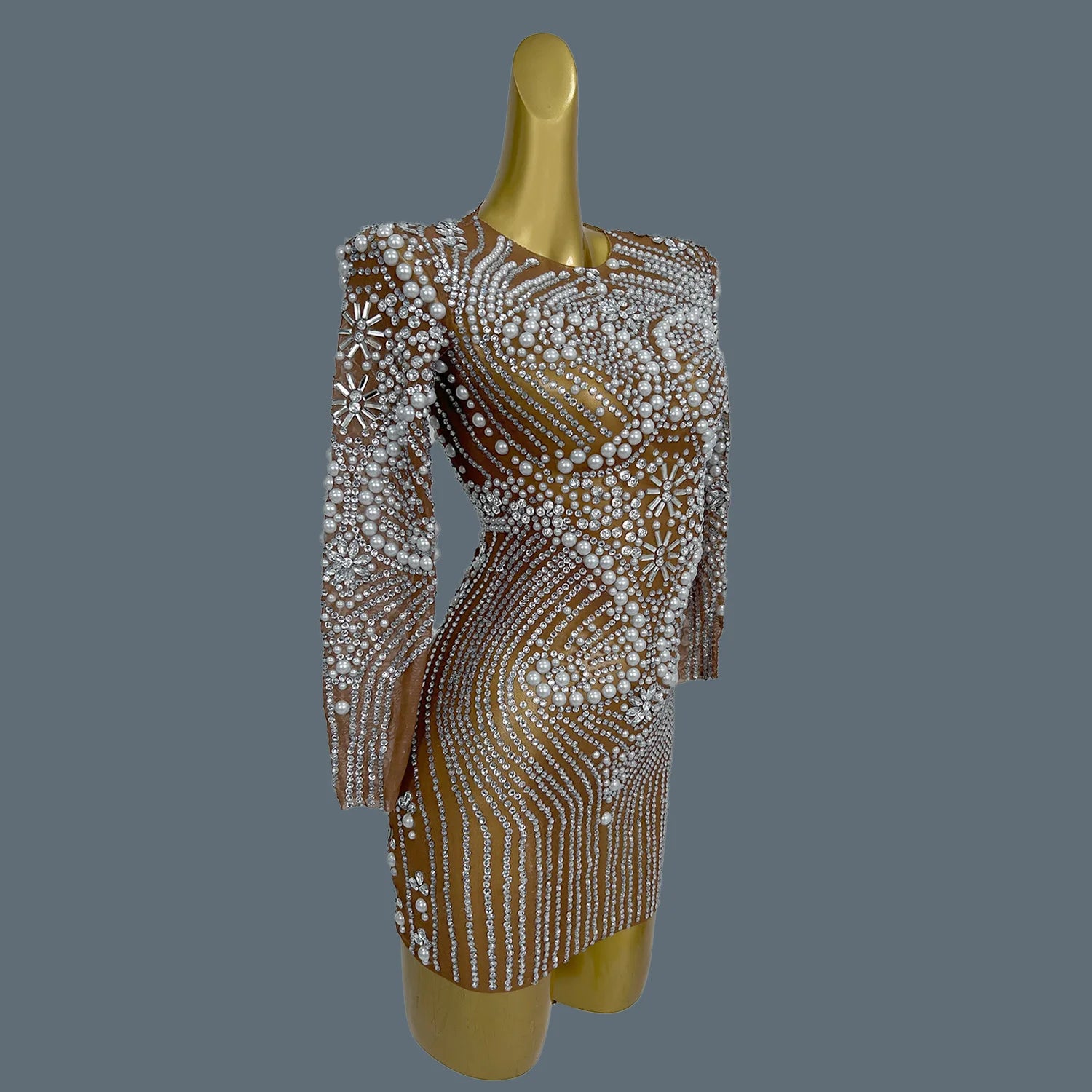 Elegant Sparkly Rhinestone Pearls Tight Short Dress for Sexy Women Luxury Dinners Party Sheer Mesh Club Chic Event Dress Huaban