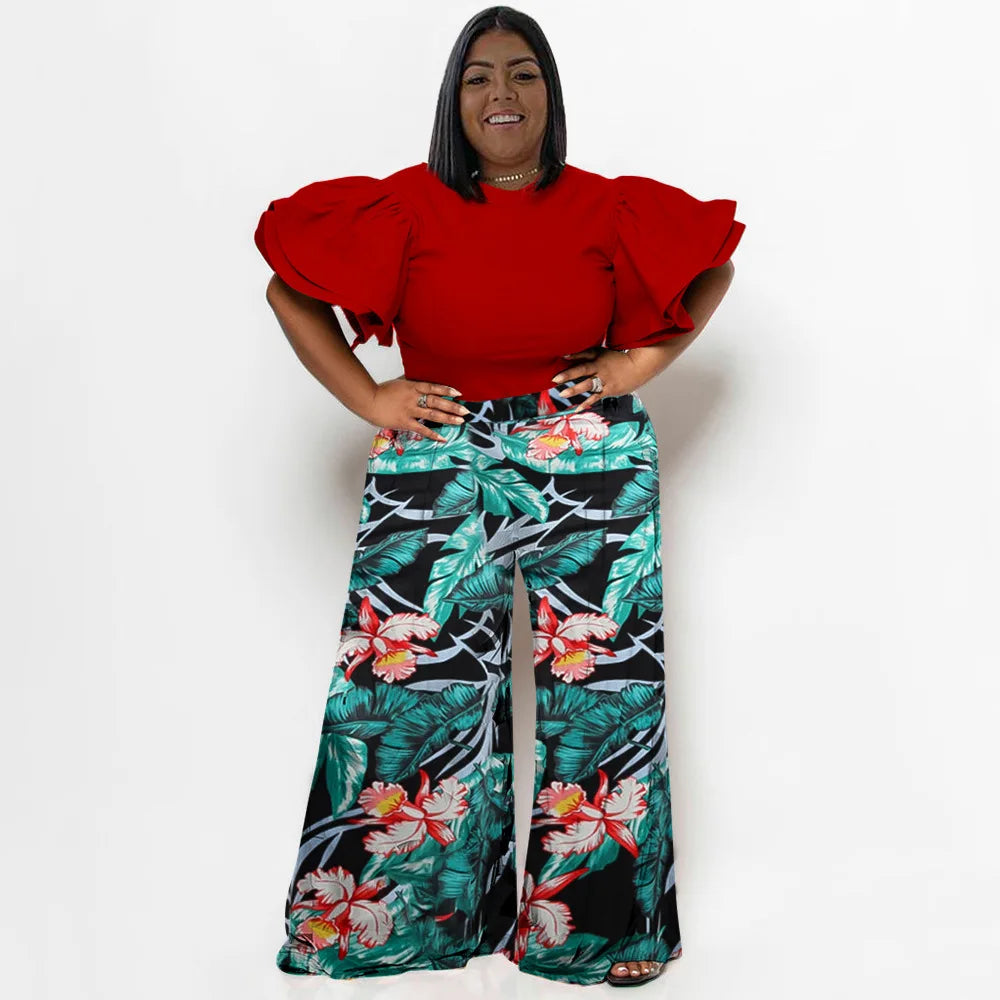Plus Size Summer 2 Two Piece Set Women Ruffle Pleated Fashion Slim Ladies Blouses Floral Print Loose Pleated Woman Wide Leg Pant Red