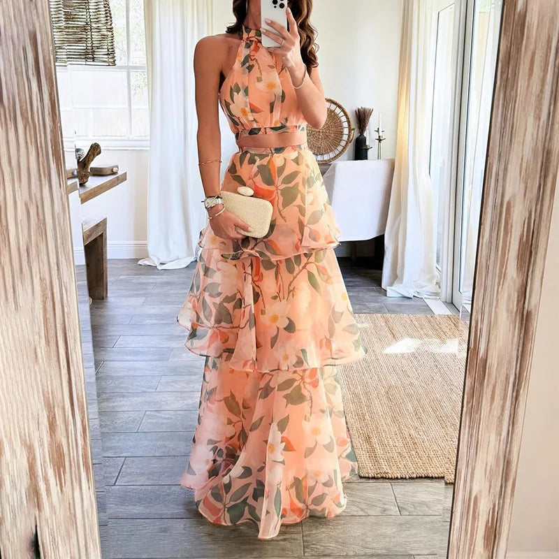 Women Dress Sleeveless Printed Vest Long Ruffles 2024 Summer Beach Sexy Night Party Dresses Outfits Pink