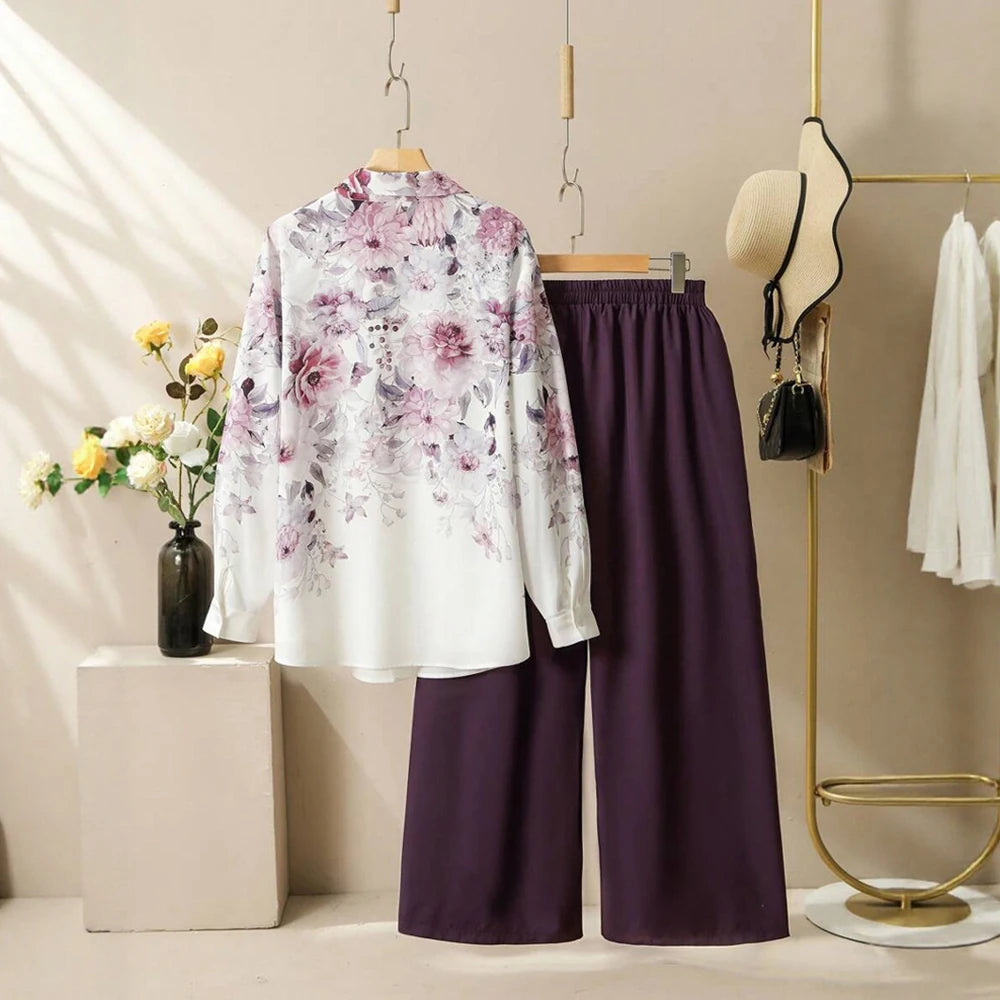 Plus Size Rafiah Women's Sets Summer Casual Decent Full Print Long Sleeve Single Breasted Natural Waist Ankle Daily Sets