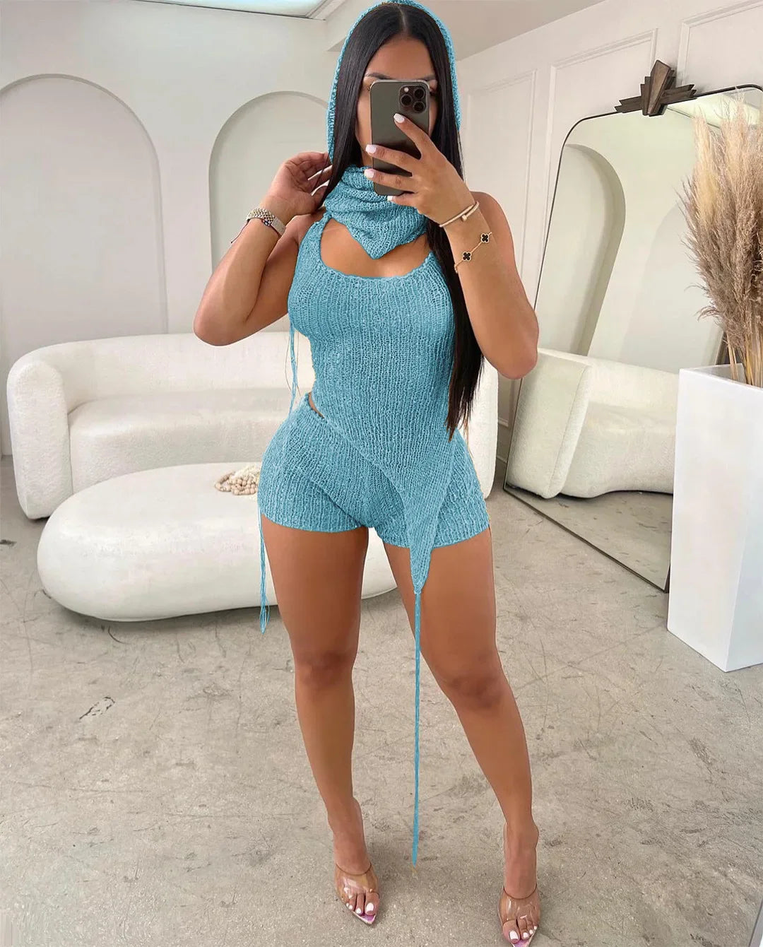 Knit Ribbed Women's Set Halter Neck Backless Crop Top with Hat Shorts Suit 2023 Summer Two 2 Piece Set Outfit Tracksuit SKY BLUE