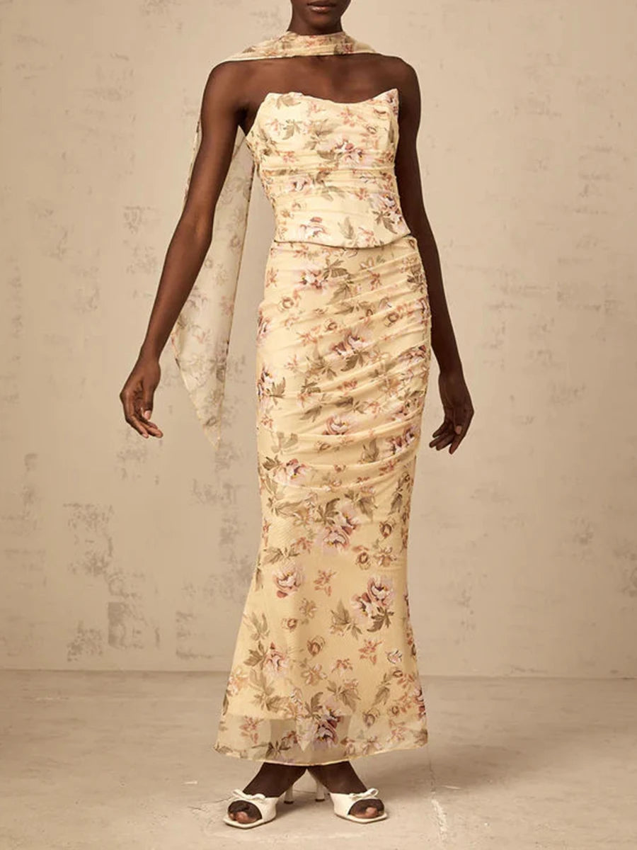 Colorblock Slimming Spliced Mesh Dresses for Women Strapless Sleeveless Patchwork Printing Dress Female Clothing