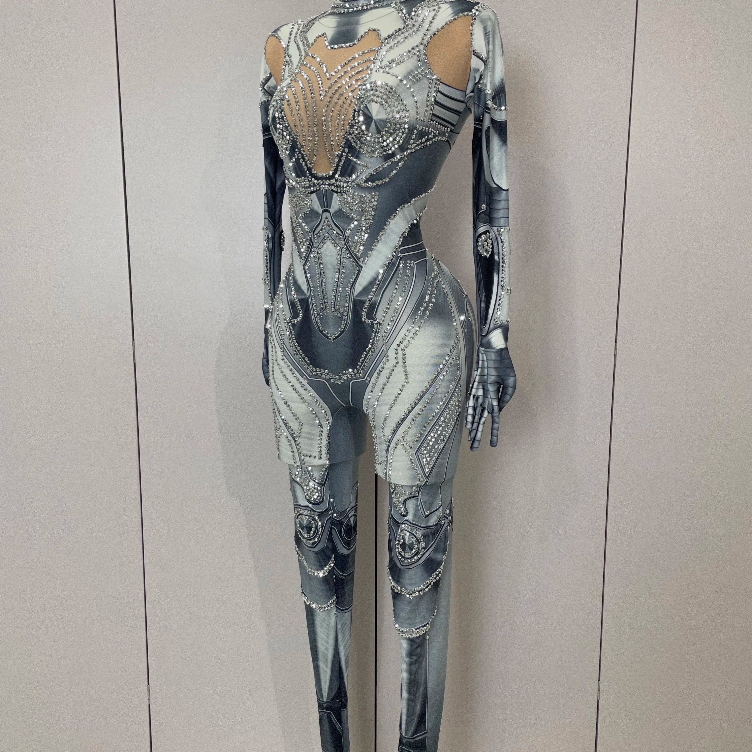 2025 New Trendy Women Sexy Rhinestones Printed Skinny Jumpsuit High Street Performance Dance Costume Bar Club Show Stage Wear