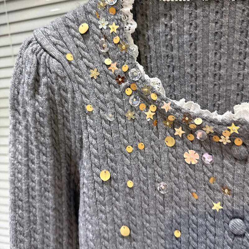 Winter New Fashion Lace Patchwork 3D Sequin Embroidery Knitted Cardigan For Women Elegant Short Sweater 11A07846